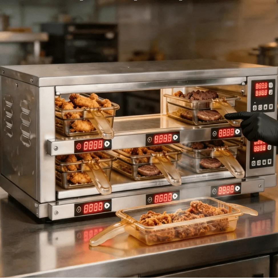 Commercial stainless steel pass-through burger patty holding cabinet with digital timers