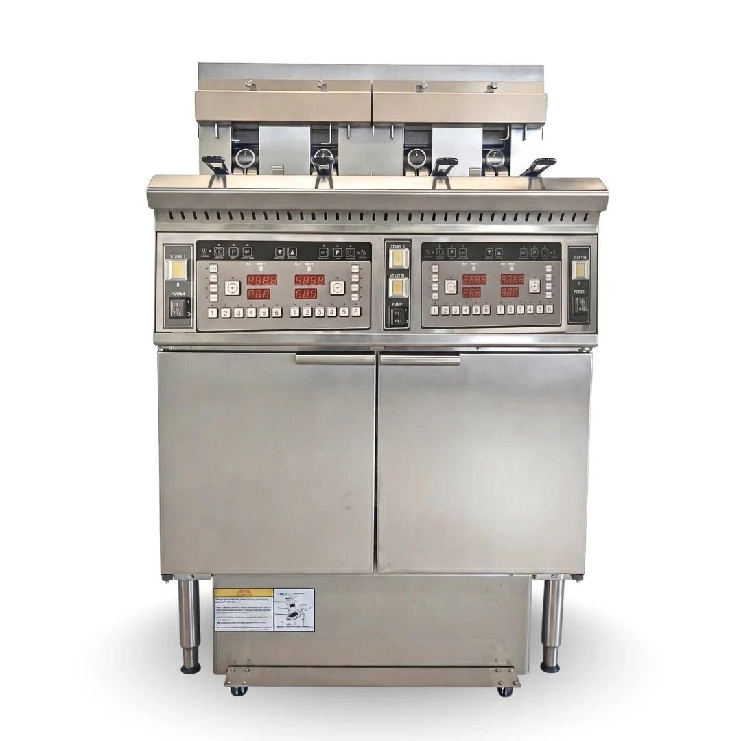 Straight front view of the TS-EF413 4-vat commercial deep fryer electric, equipped with dual 14.3kW heating systems for high-volume restaurants.