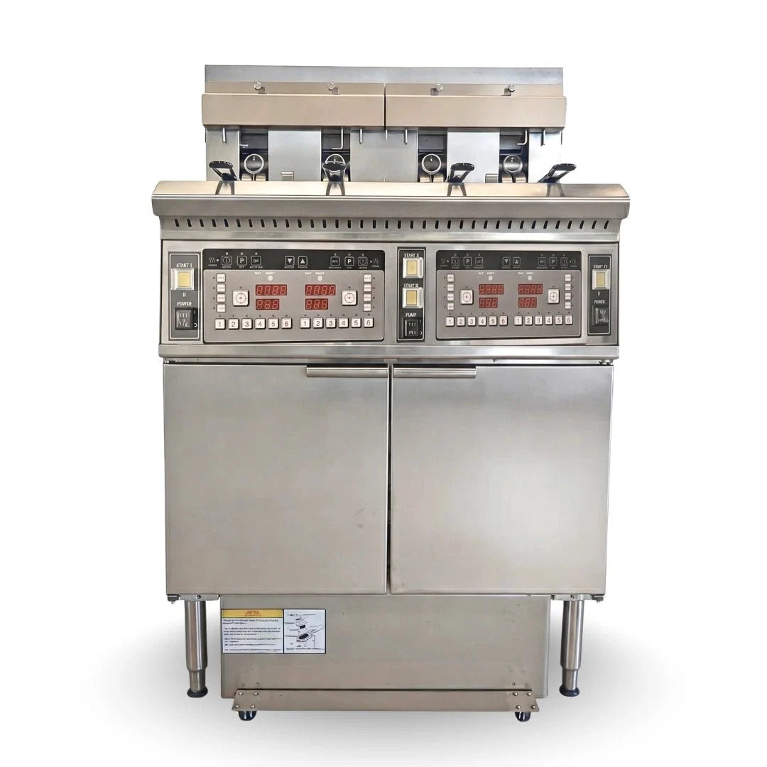 Straight front view of the TS-EF413 4-vat commercial deep fryer electric, equipped with dual 14.3kW heating systems for high-volume restaurants.