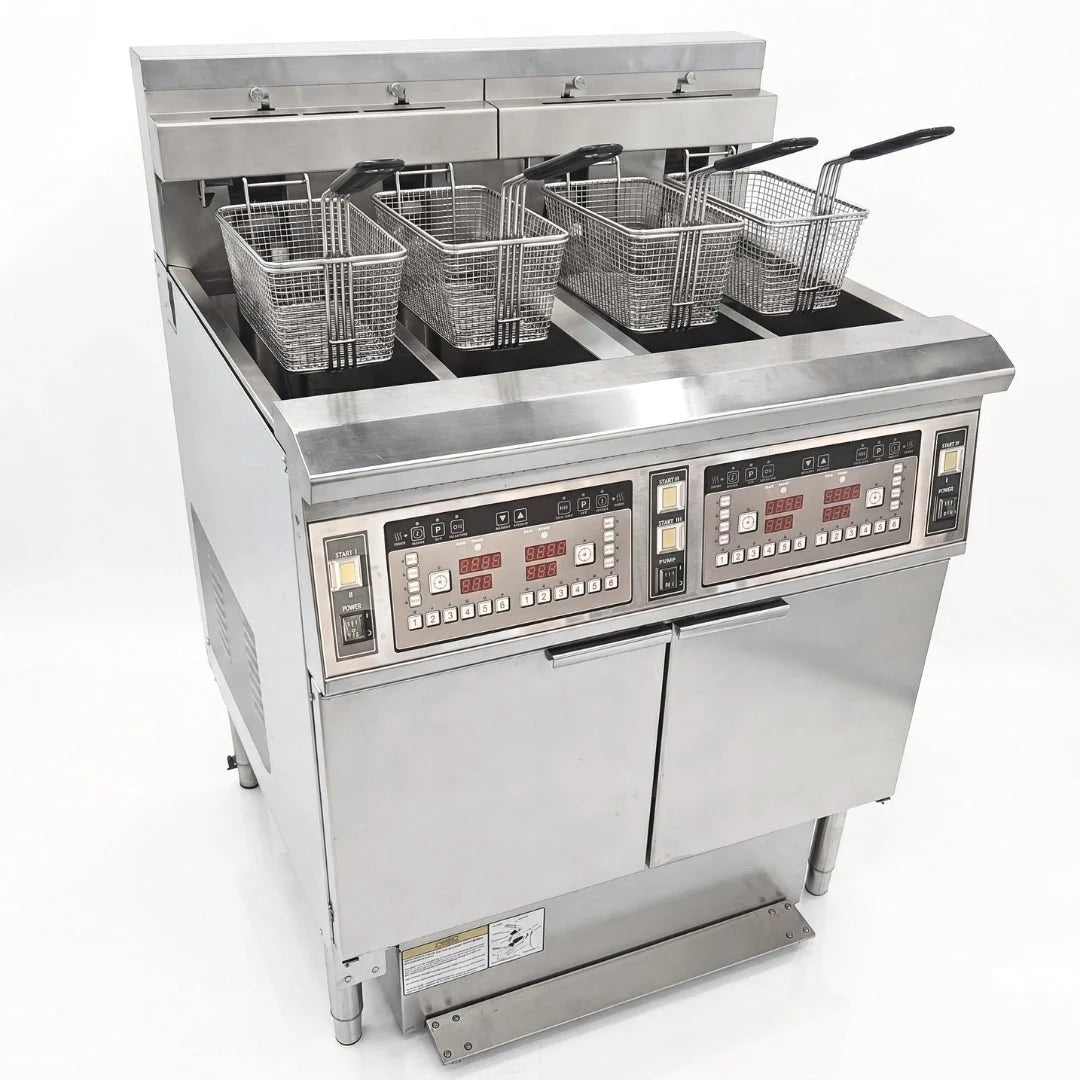 Front angled view of the Tenshine TS-EF413 large commercial electric fryer, featuring 4 independent vats and heavy-duty stainless steel construction.