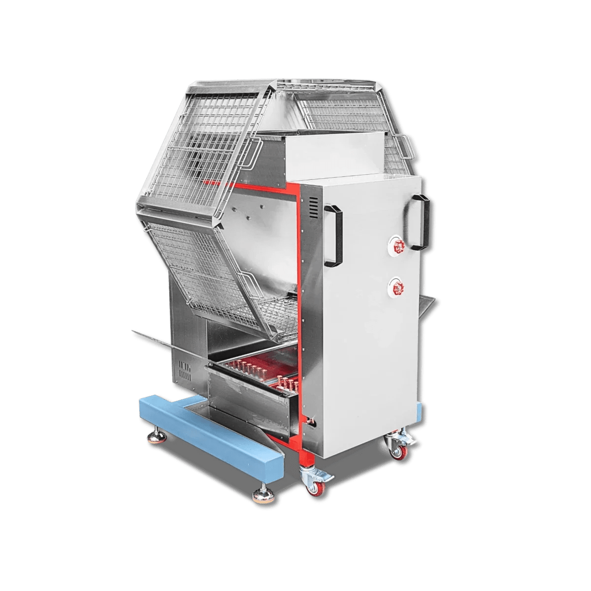 Interior view of the dual-fuel heating system, featuring high-efficiency gas burners and a bottom tray for authentic wood-fired chicken rotisserie flavor.