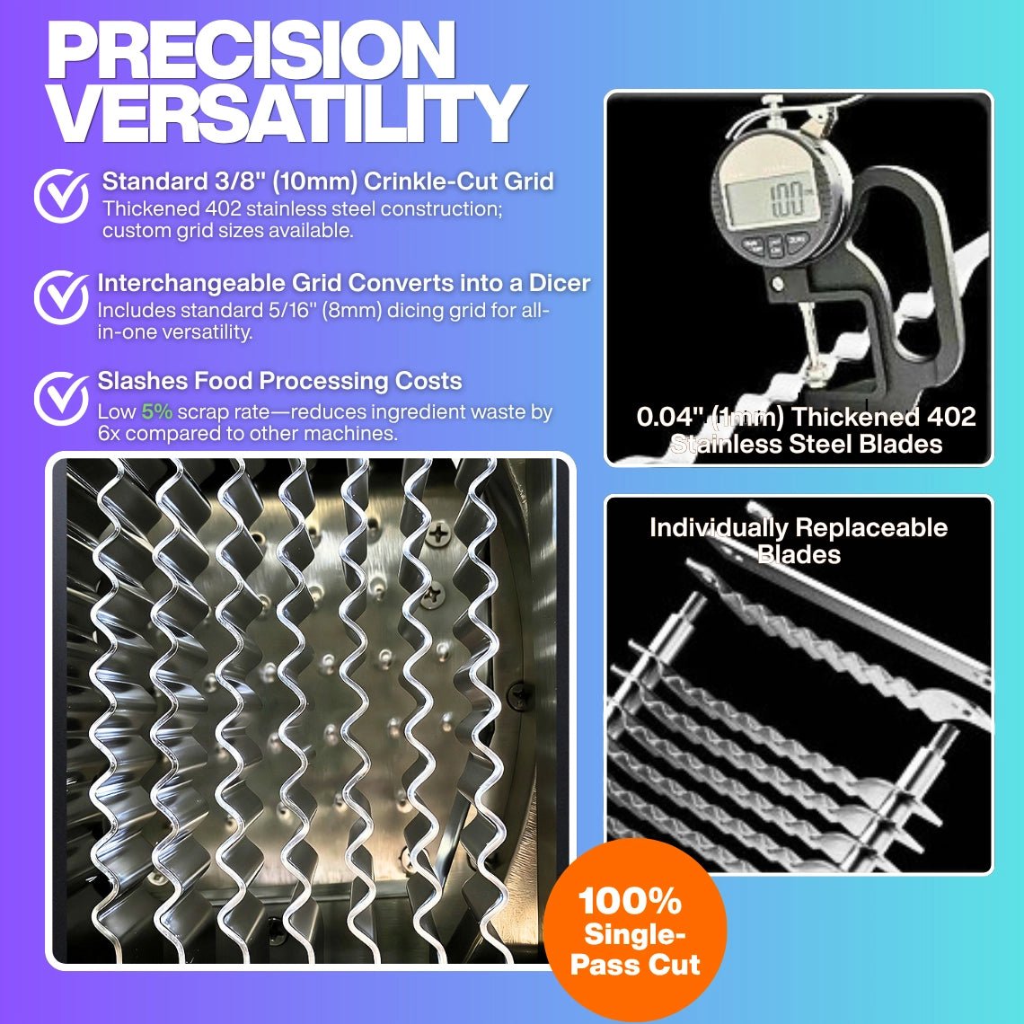 Close up measurement of 0.04 inch thickened 402 cutlery grade stainless steel blades for the commercial crinkle cutter and potato dicer grid assembly.
