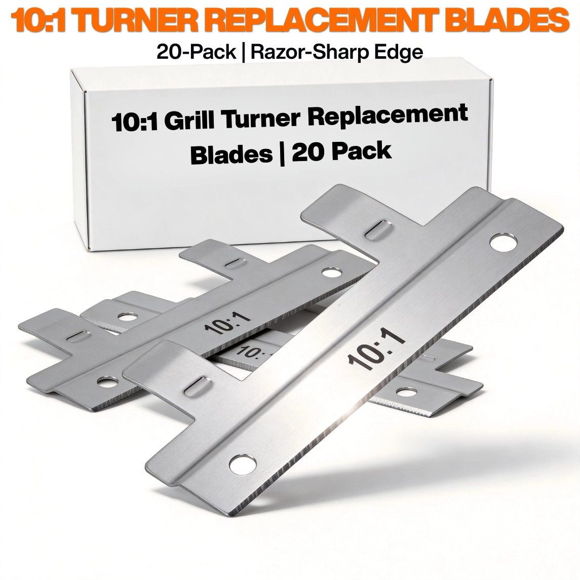 20-pack of razor-sharp replacement blades for 10:1 commercial grill turners and spatulas.