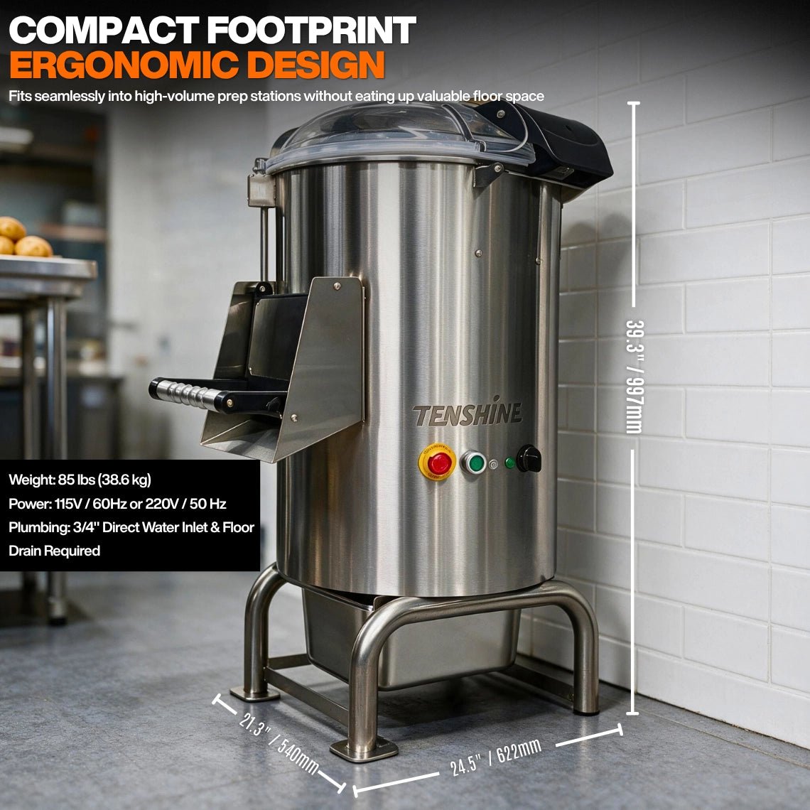 Ergonomic dimensions and compact footprint of the 115V commercial root vegetable peeler, fitting seamlessly into high-volume prep stations without taking up valuable floor space.