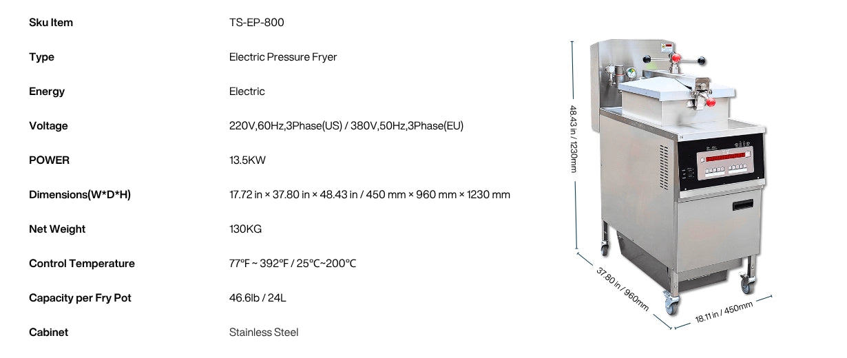 Technical data sheet for the 13.5kW commercial electric pressure fryer, highlighting its 24L capacity, 130kg net weight, and 3-phase voltage compatibility.