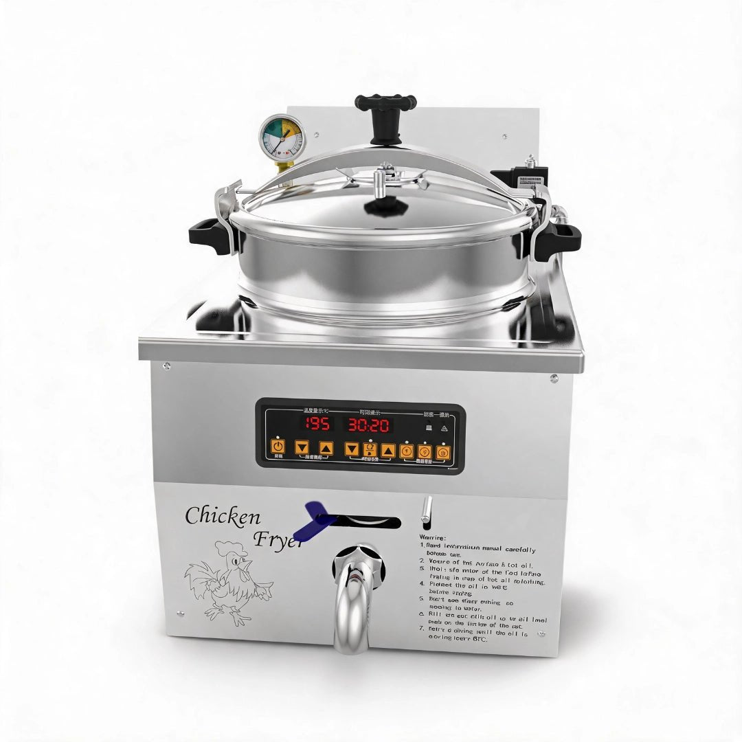 Front view of the 16L commercial countertop electric pressure fryer MDXZ-16B on a white background, featuring premium stainless steel and smart digital panel.