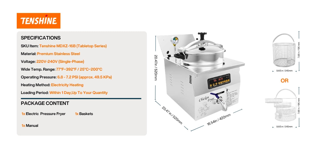 Dimensions and basket options for the 16L compact electric pressure fryer, highlighting its space-saving 16.54 by 20.47 inch kitchen footprint.