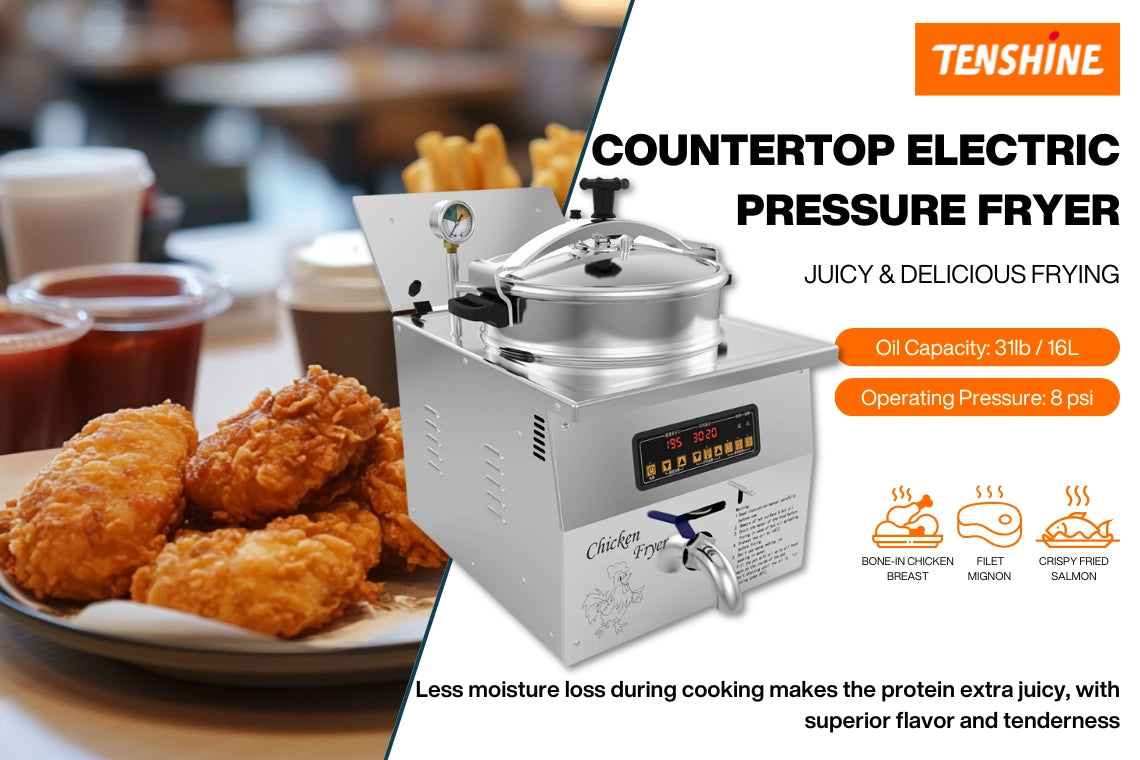 Commercial 16L countertop electric pressure fryer MDXZ-16B producing juicy and delicious fried chicken, featuring 8 PSI operating pressure.