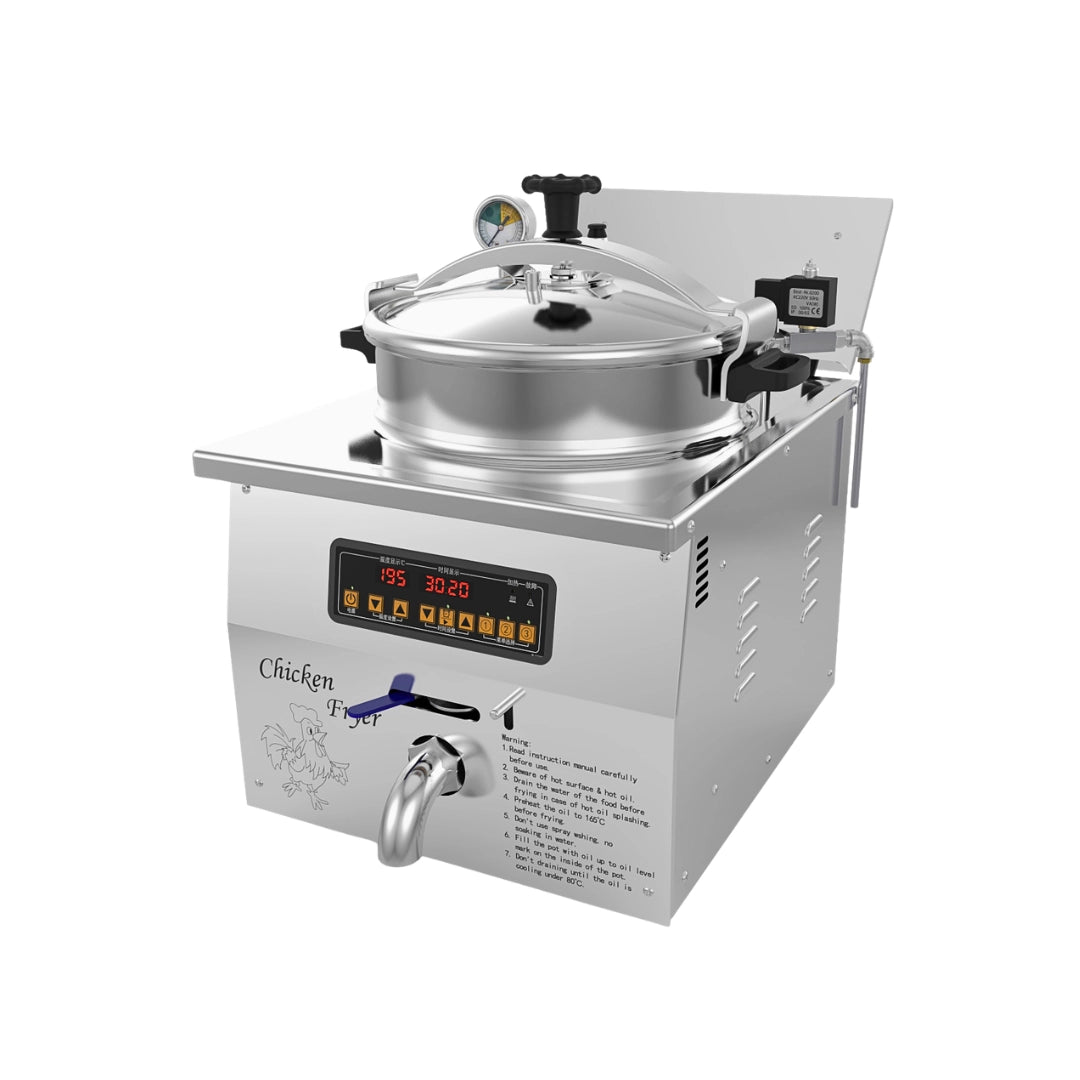 Side profile of the 16L electric countertop pressure fryer, showcasing the heavy-duty lid lock, pressure gauge, and compact space-saving design.