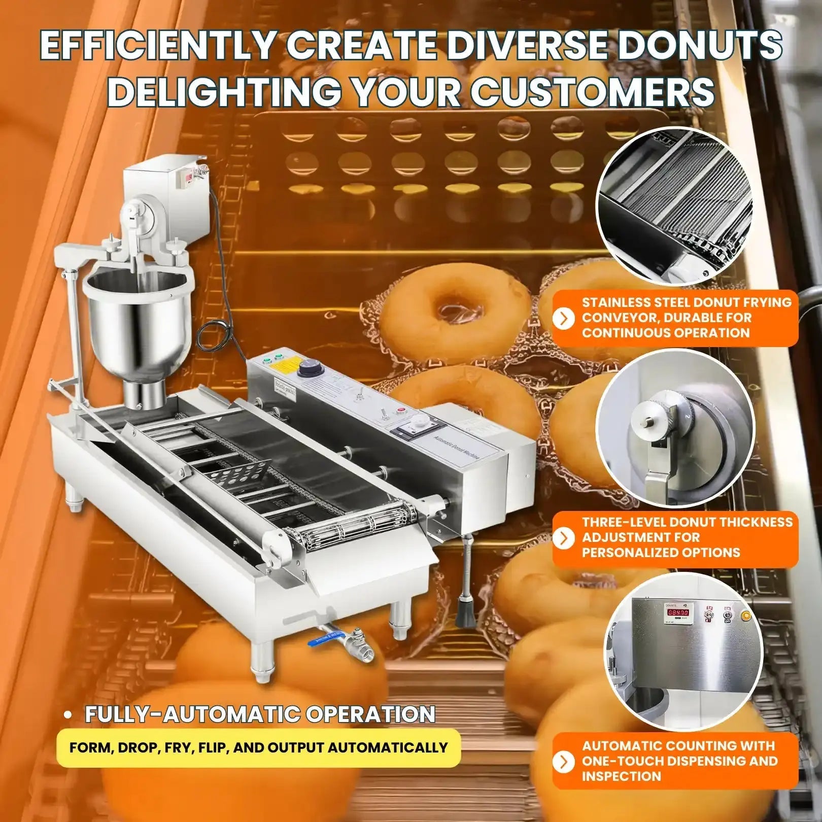 2 Rows Auto Doughnut Maker | Commercial Automatic Donut Maker Machine | 7L Hopper | 3 Mold Sizes | Intelligent Control Panel | T - 100Auto Doughnut Maker