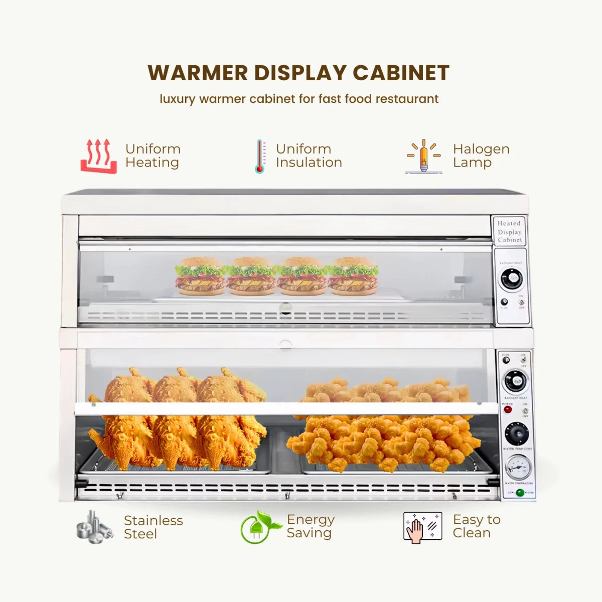 Infographic showing Tenshine heated display cabinet's independent thermostatic controls for upper (burgers) and lower (fried chicken) levels.