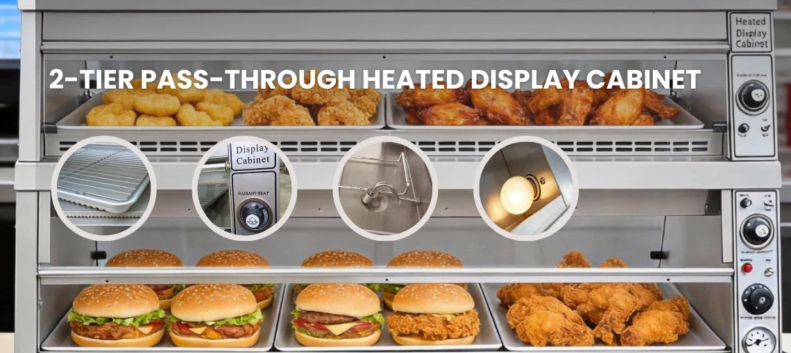 Front view of the Tenshine TS-DW5 2-tier pass-through heated display cabinet holding crispy fried chicken, potato wedges, and juicy burgers.