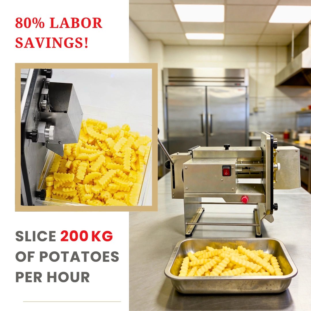 Commercial potato cutter and crinkle fry machine slicing 200 kg per hour in a professional restaurant kitchen to deliver 80 percent prep labor savings.