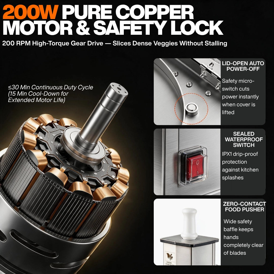 200W 200 RPM pure copper motor and lid-open auto power-off safety switch on heavy duty french fry cutter