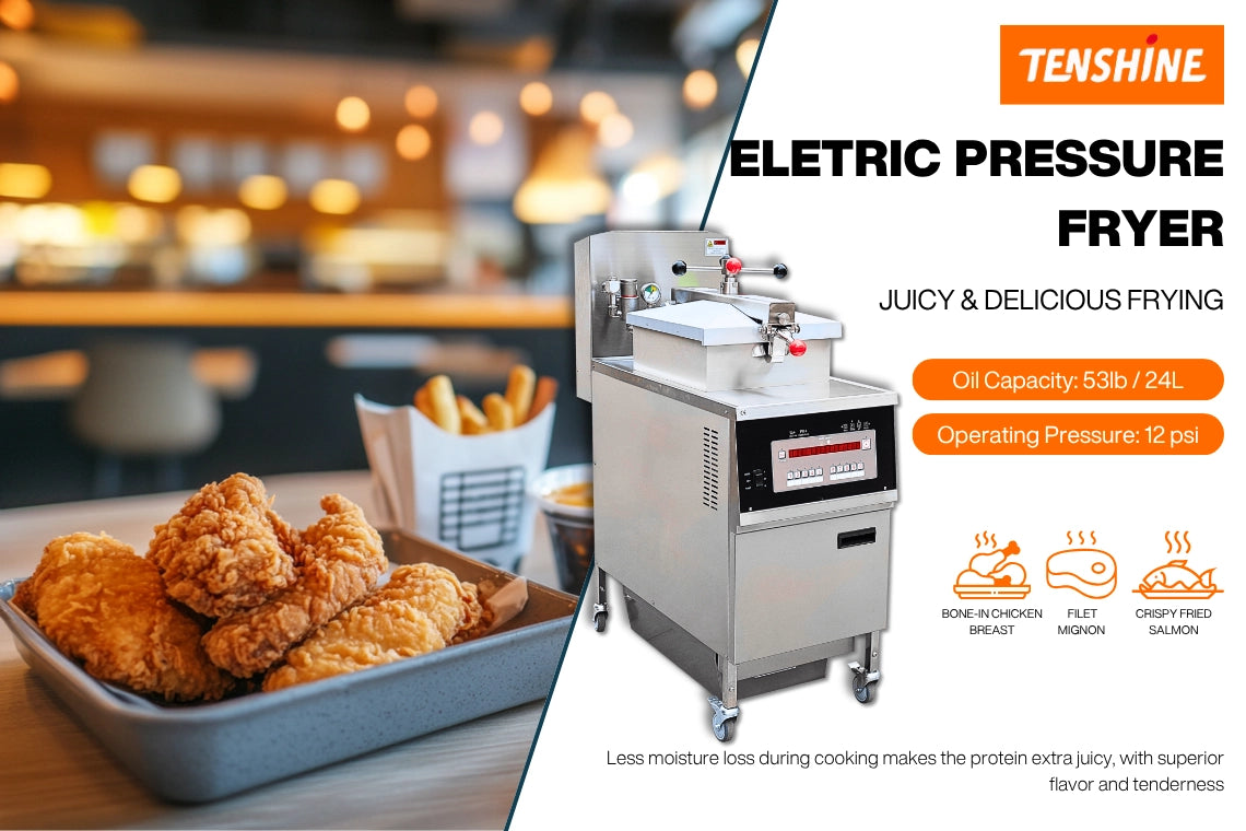 Tenshine 24L commercial pressure fryer operating at 12 PSI, perfectly designed to reduce moisture loss and deliver juicy, delicious fried chicken for QSR chains.