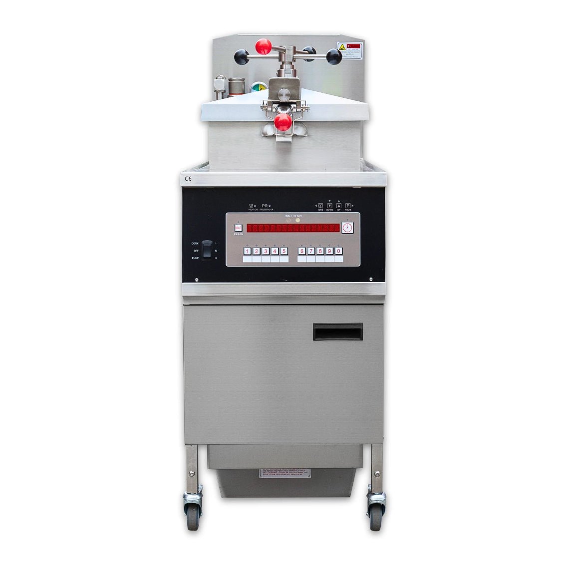 Front view of the 25L commercial gas pressure deep fryer, compatible with both natural gas and propane for mobile food trucks and QSRs.