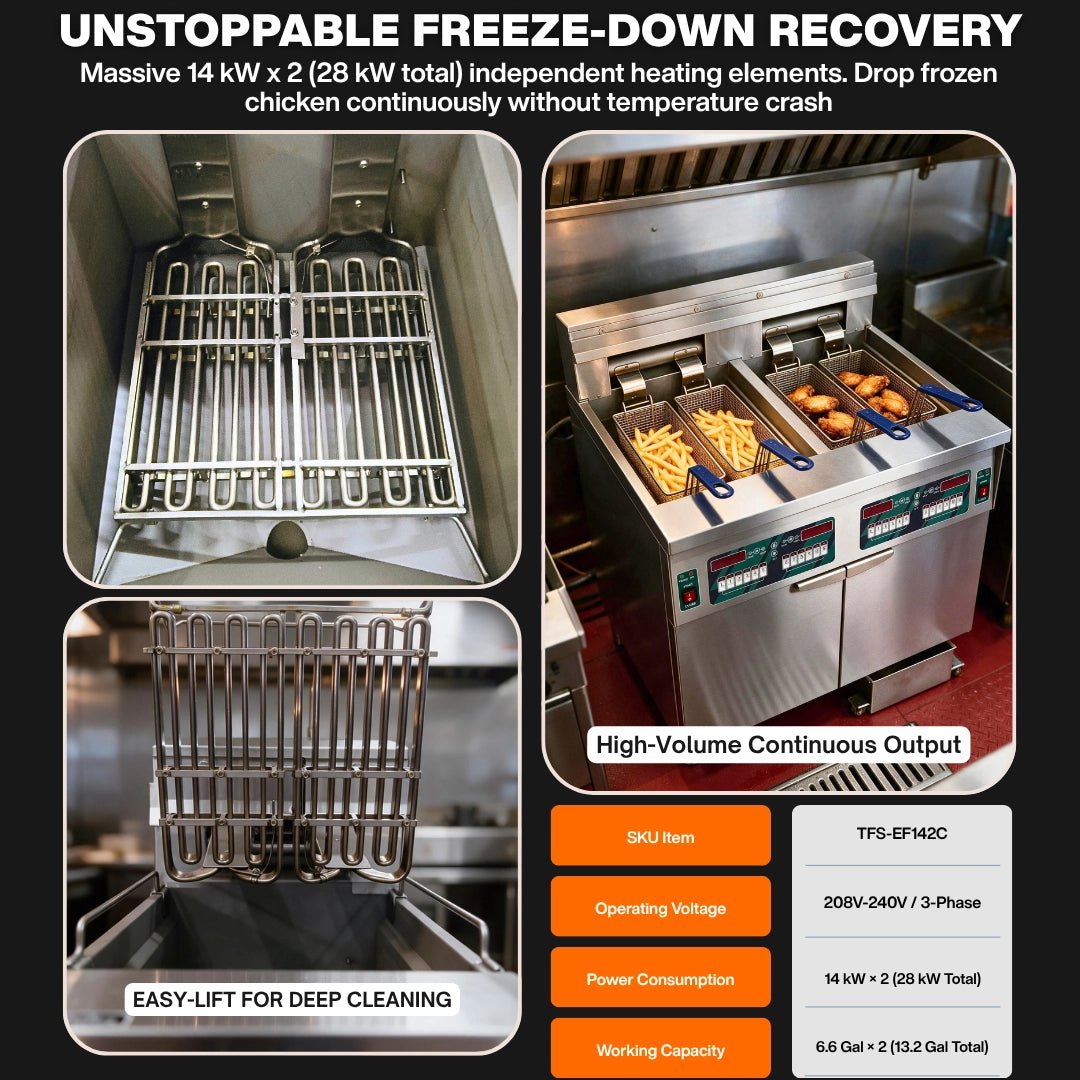 28kW high-wattage electric commercial fryer for fast freeze-down recovery.