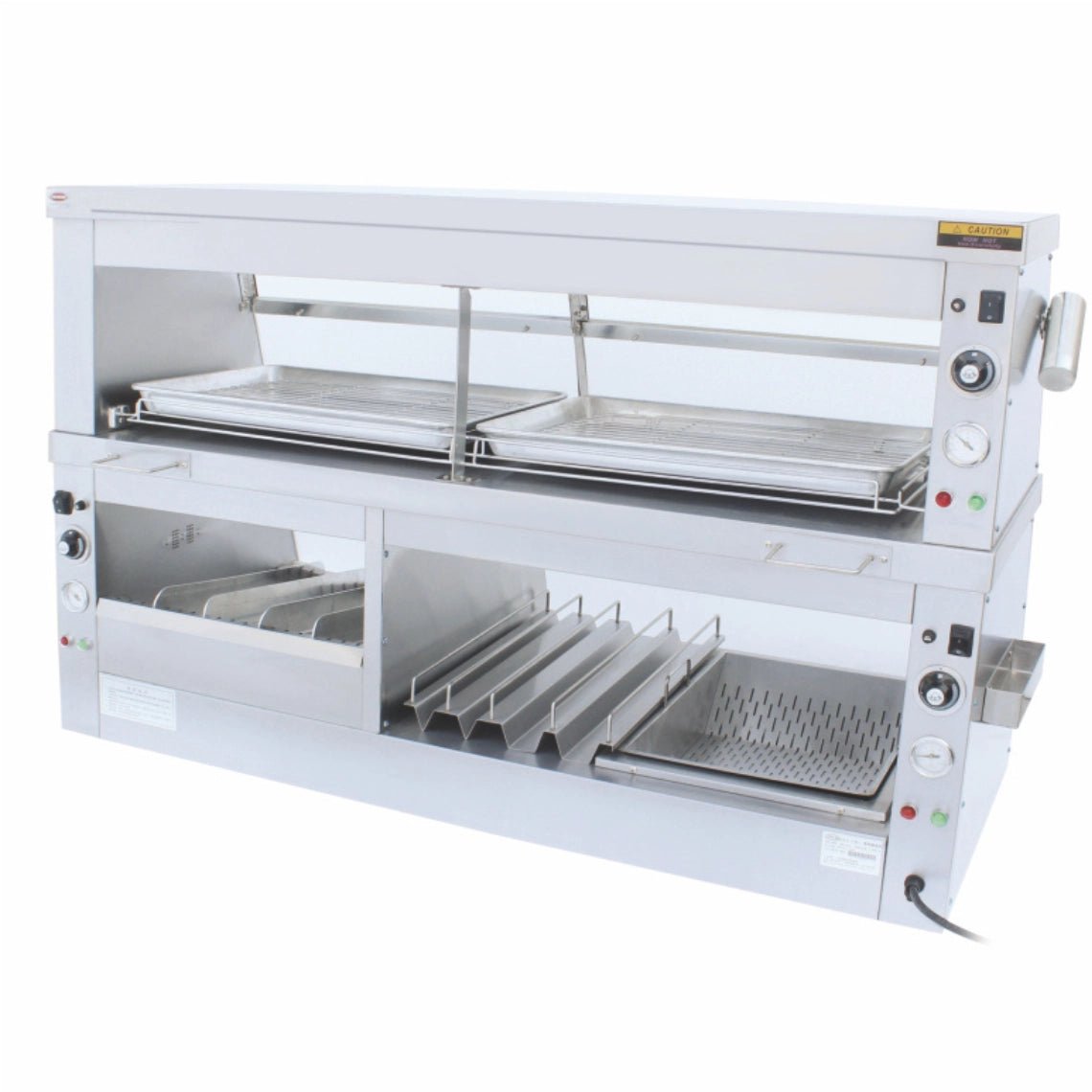 Front view of the 3-zone food warming display cabinet showing independent heating controls for professional kitchens.