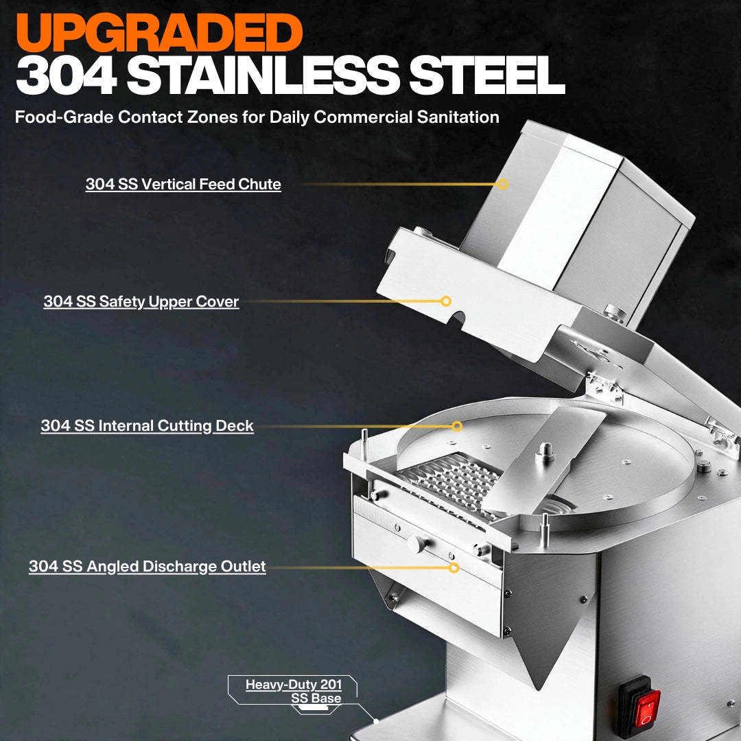 Upgraded 304 stainless steel vegetable chopper food contact zones and heavy-duty 201 SS base on TS-L6538