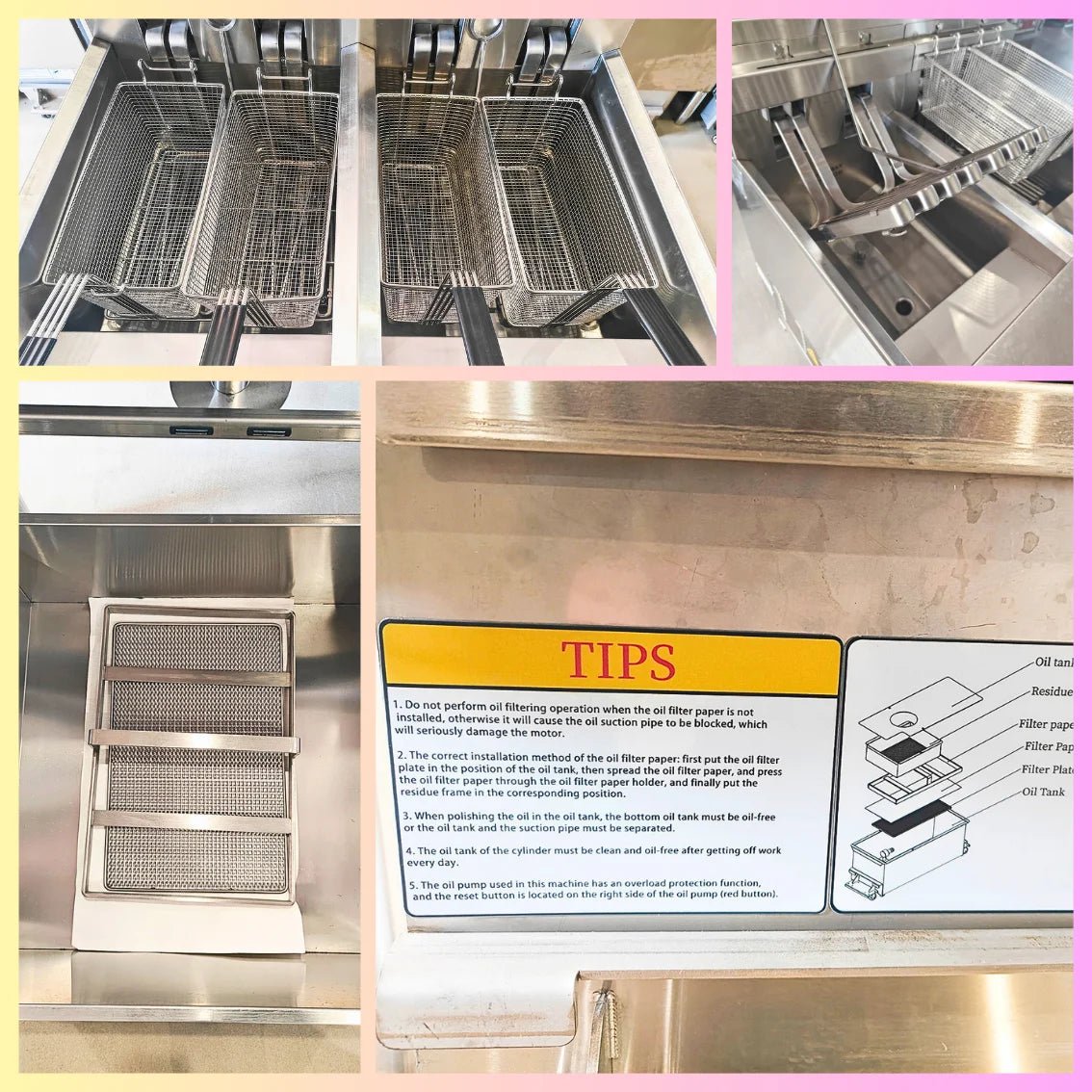 Collage displaying the heavy-duty components of the TS-EF226 4 basket commercial fryer, highlighting the independent dual vats and sturdy 304 stainless steel construction.