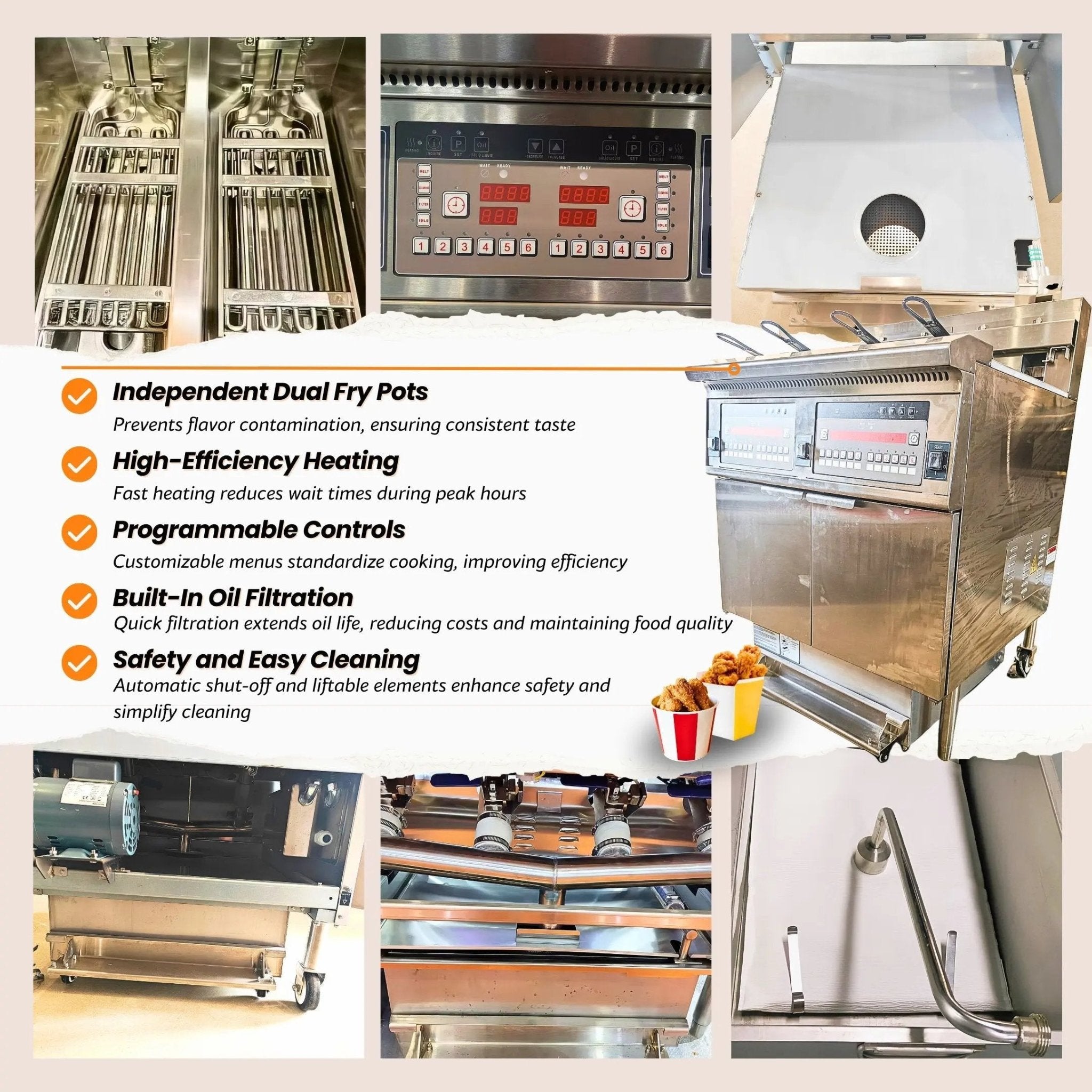 4 - Tank Split Pot Electric Deep Fryers with Lifts Heating Elements and Oil Filtration System OFE - 4134 - Tank Split Pot Electric Deep Fryers