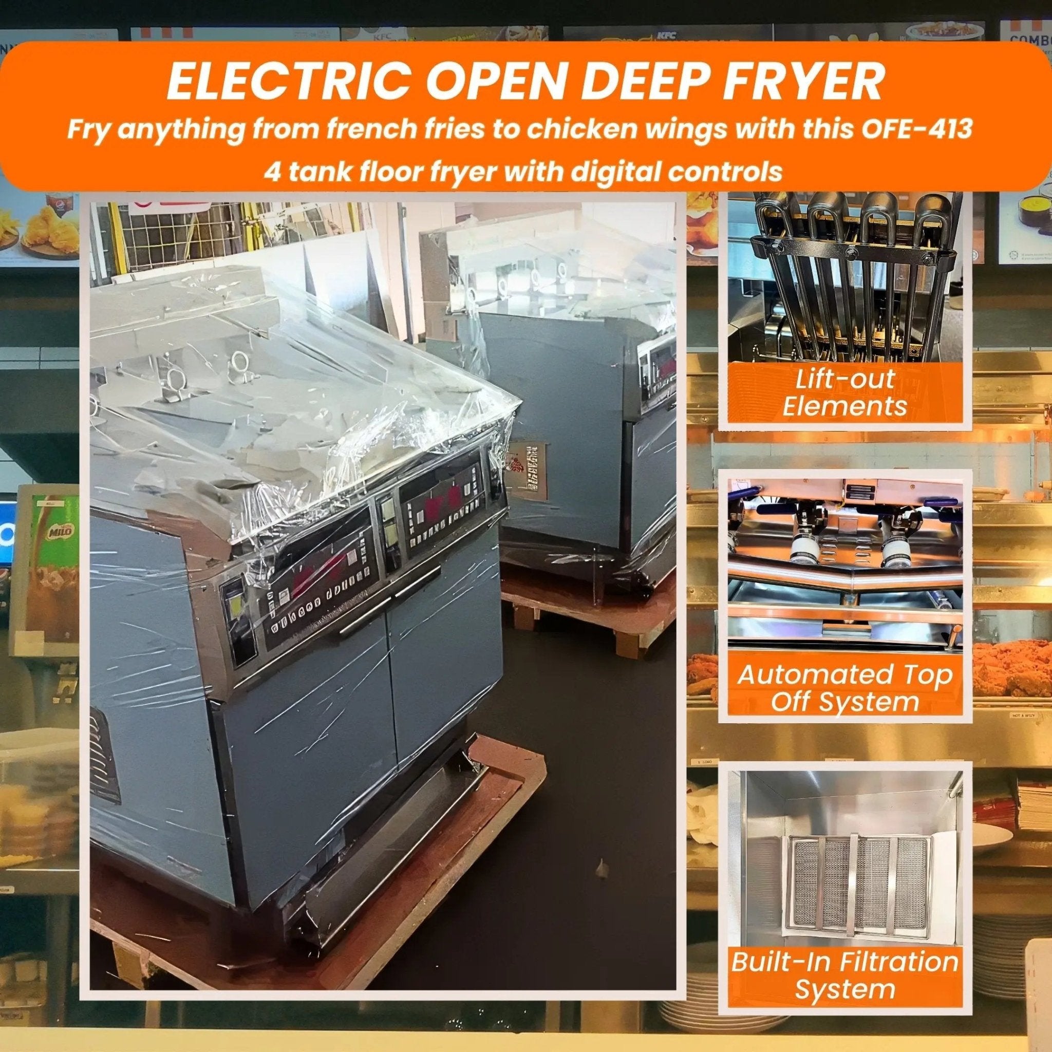 4 - Tank Split Pot Electric Deep Fryers with Lifts Heating Elements and Oil Filtration System OFE - 4134 - Tank Split Pot Electric Deep Fryers