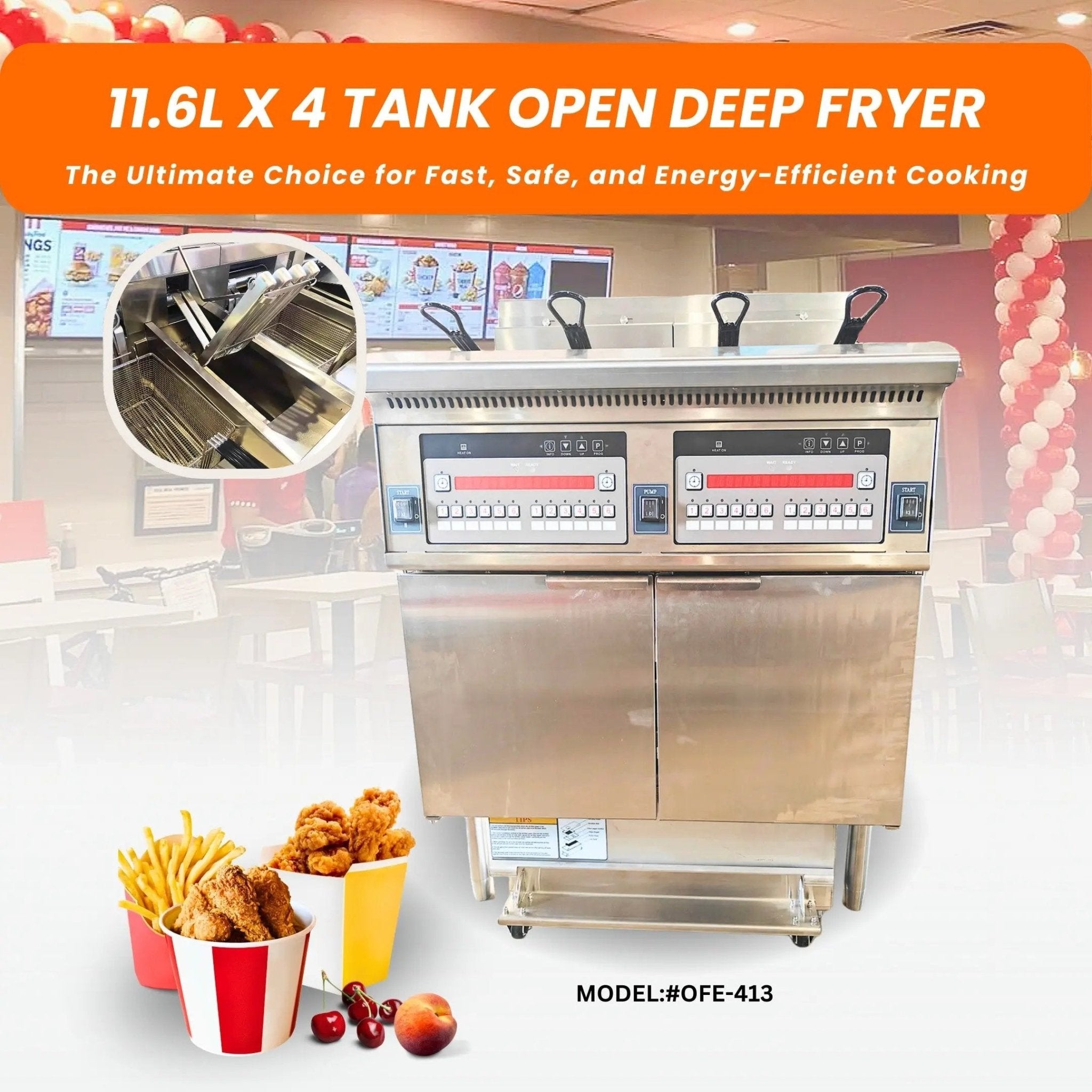 4 - Tank Split Pot Electric Deep Fryers with Lifts Heating Elements and Oil Filtration System OFE - 4134 - Tank Split Pot Electric Deep Fryers