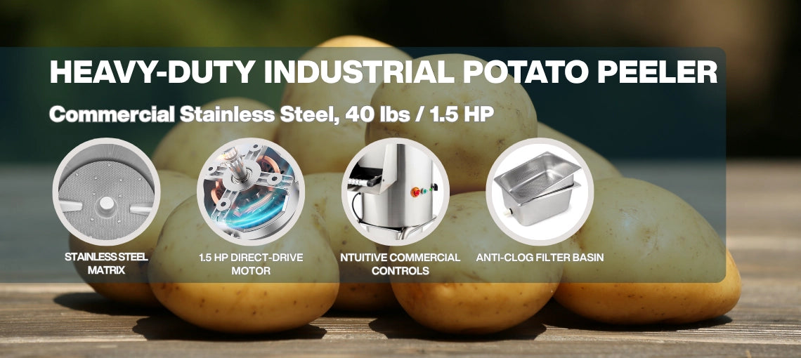 Core components of the heavy-duty 40 lb commercial stainless steel potato peeler, highlighting the direct-drive motor, abrasive matrix, intuitive controls, and filter basin.