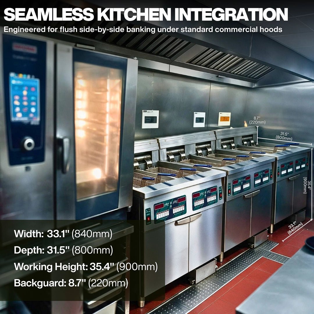 50L commercial fryer dimensions showing flush side-by-side kitchen installation.