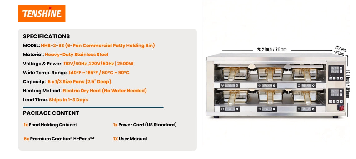 Exact dimensions and technical specifications of the 6-pan commercial electric food warmer, measuring 28.2 by 20.7 by 12.4 inches.