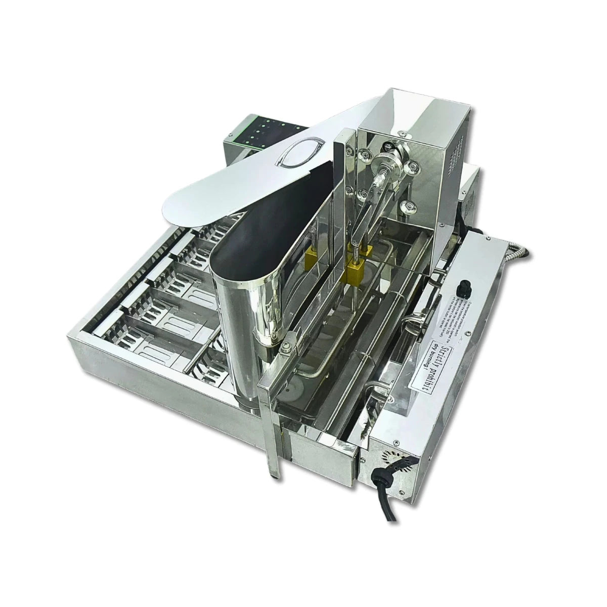 Top perspective of the 6-row donut maker machine highlighting the large 17L oil tank and automatic conveyor tracks