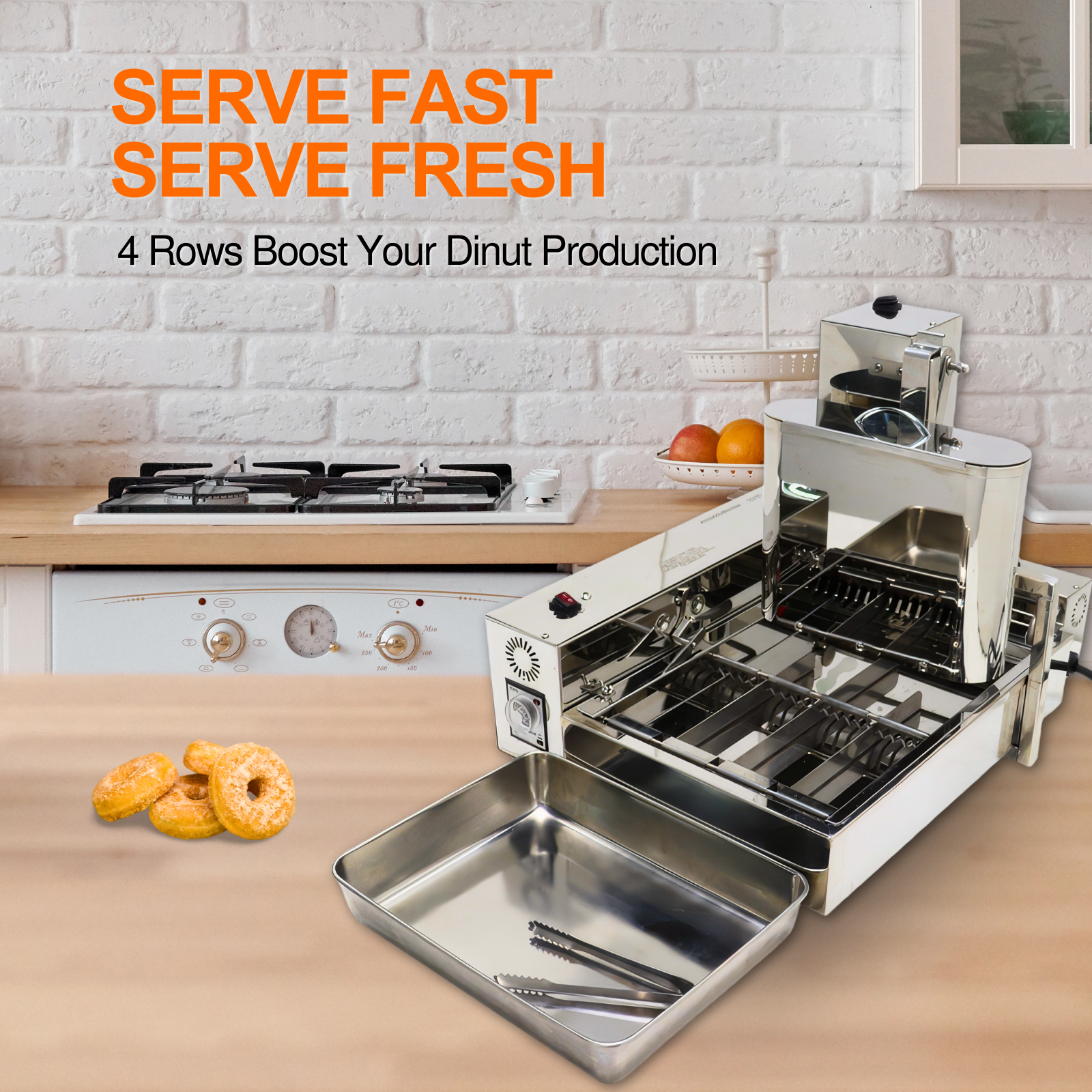 High speed mechanical donut fryer producing fresh mini donuts in 4 rows for commercial kitchens