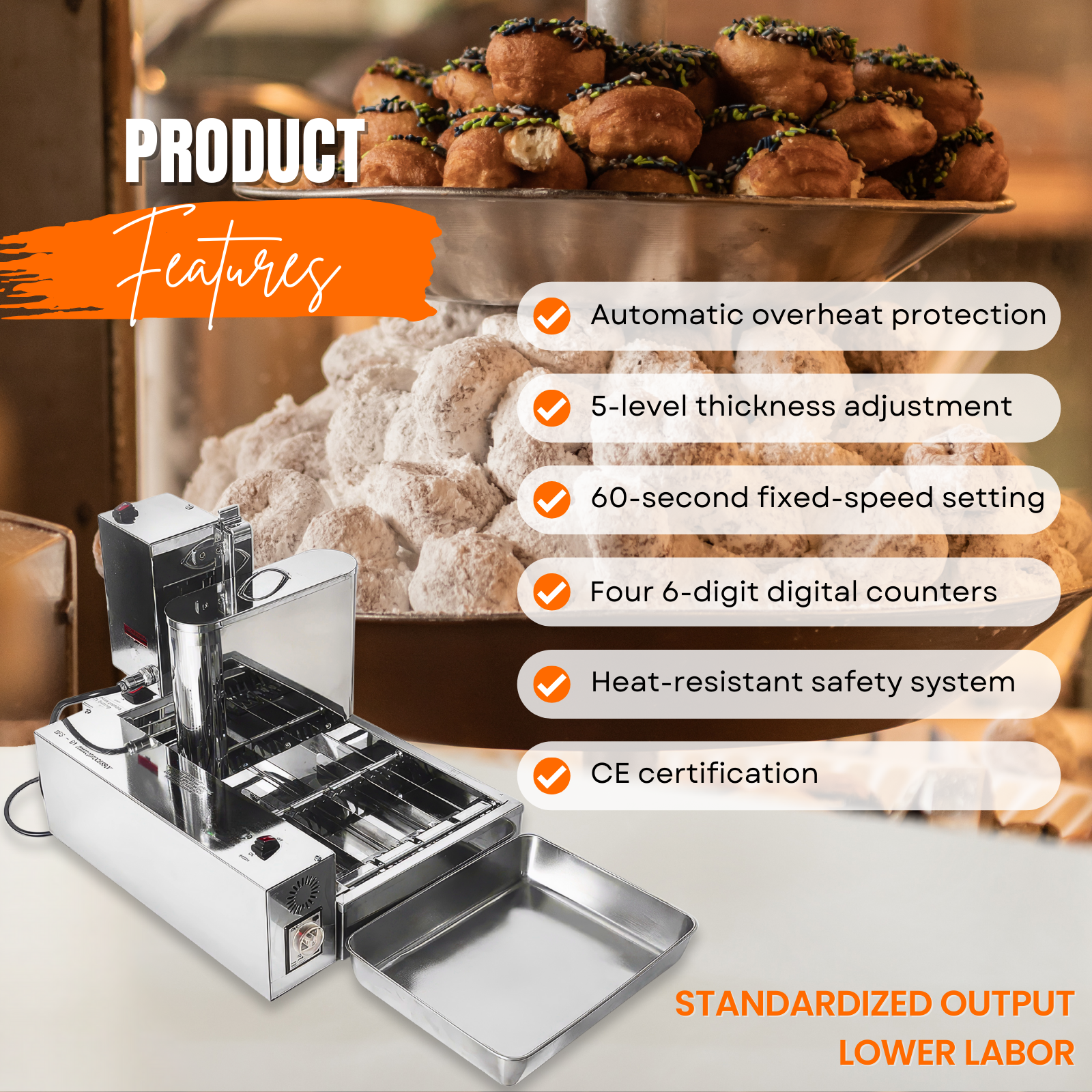 Key features of mechanical automatic donut maker including overheat protection and CE certification
