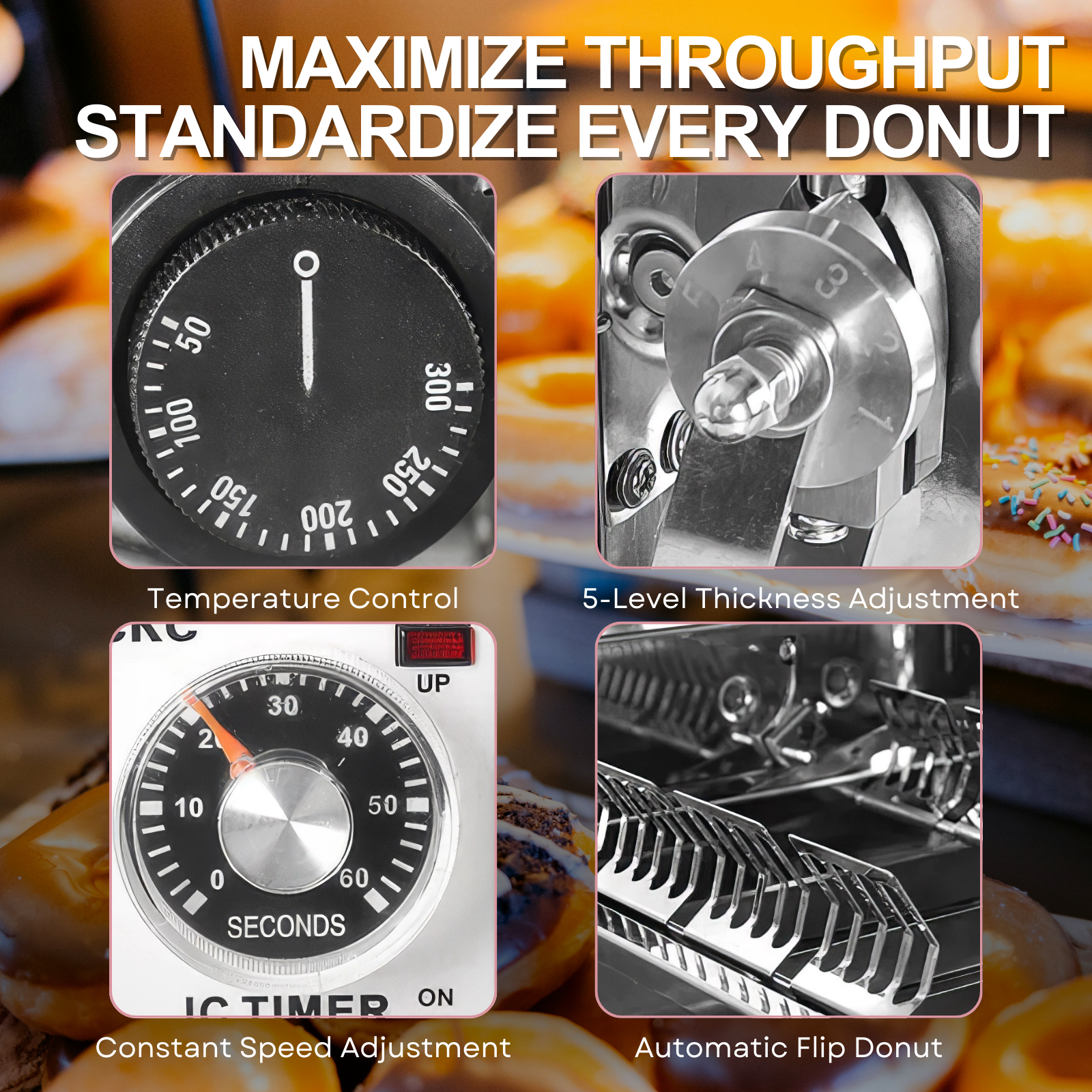 Close up of analog temperature control dial and toggle switches on mechanical donut machine