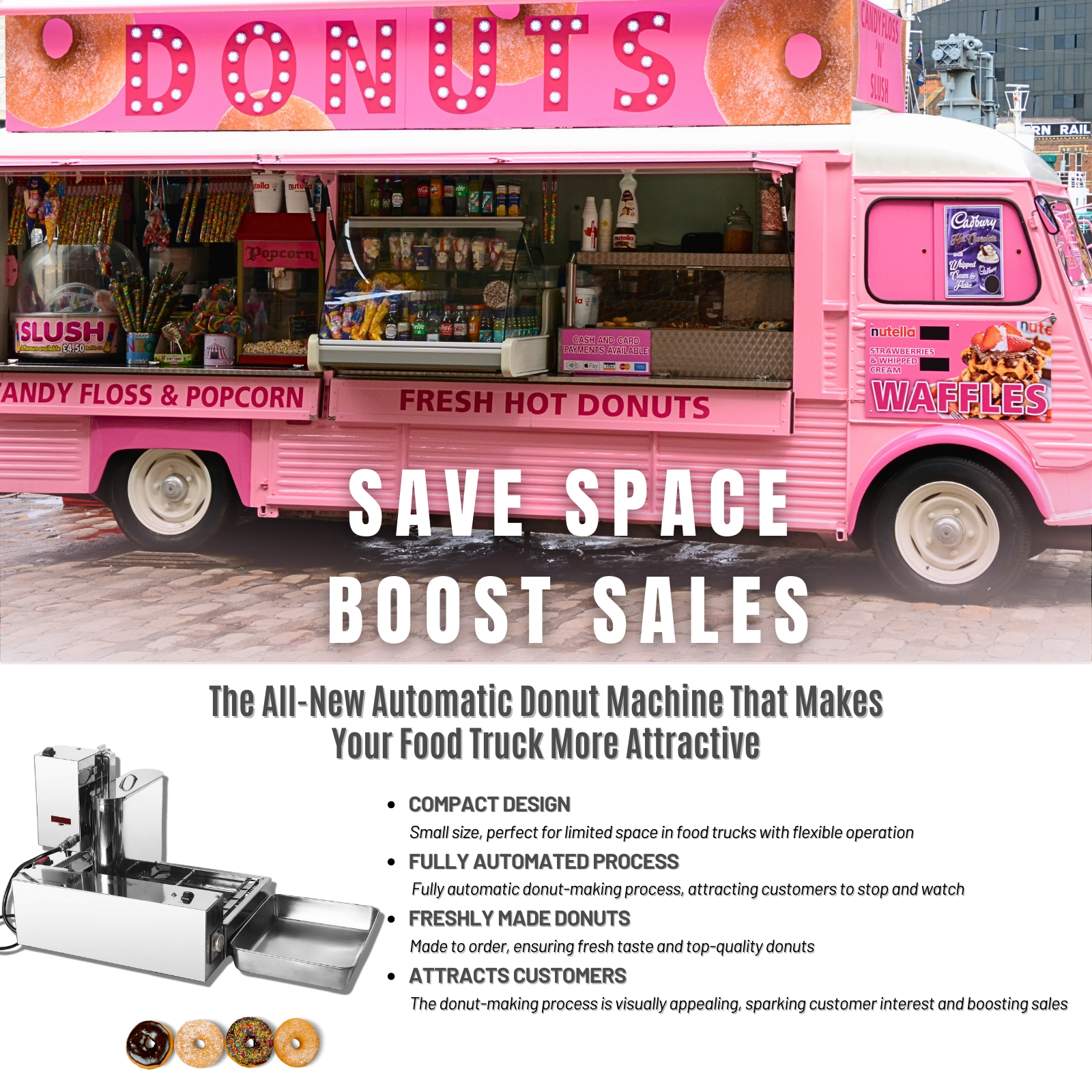 Compact mechanical 4-row donut machine for food trucks to boost sales and save space