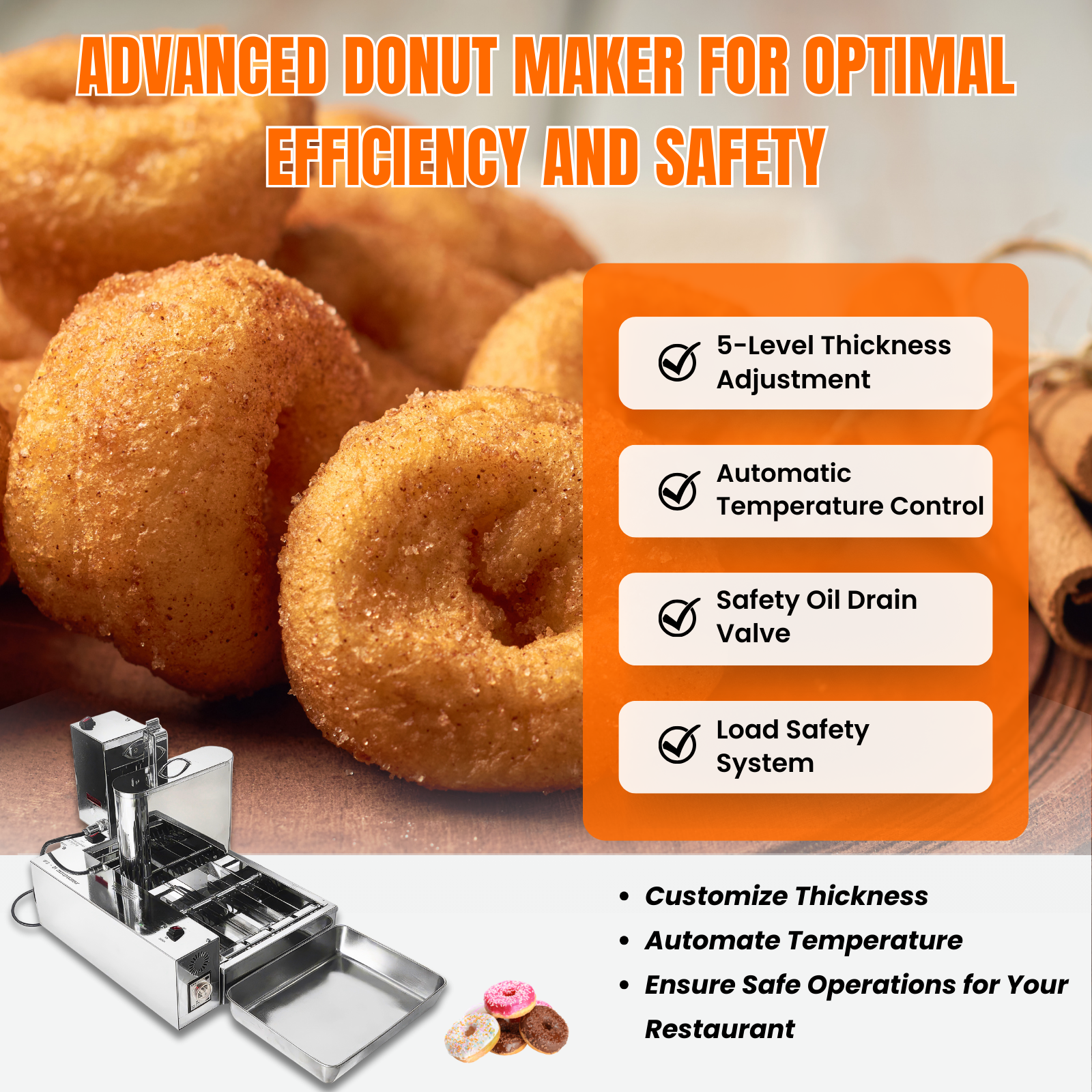Advanced mechanical commercial donut fryer with 5-level thickness adjustment and safety drain