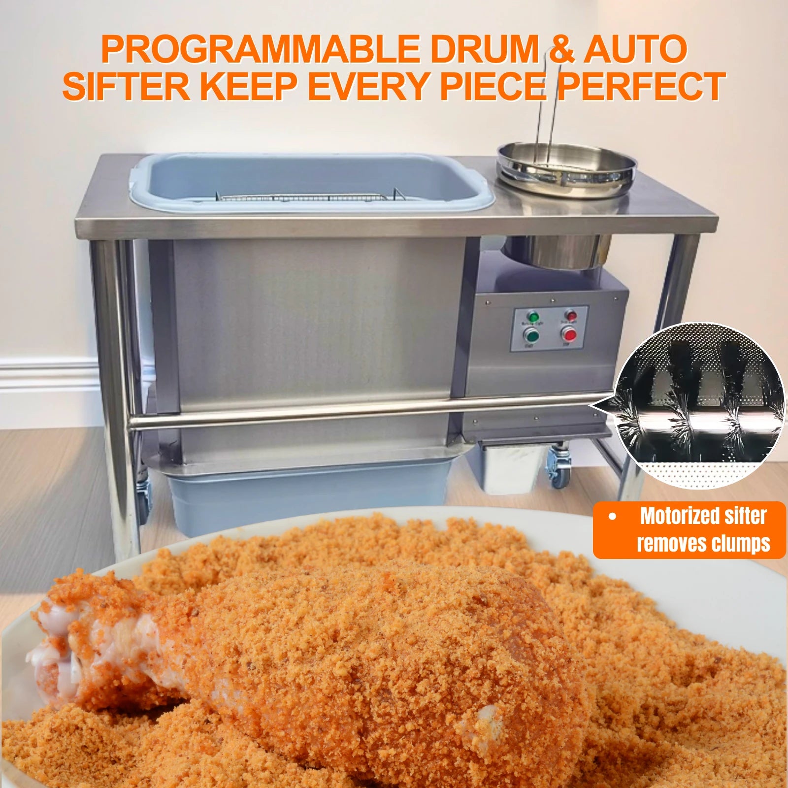 Mesa de empanizado eléctrica silenciosa ultradelgada con tamiz automático de harina para pollo frito BT-2P
