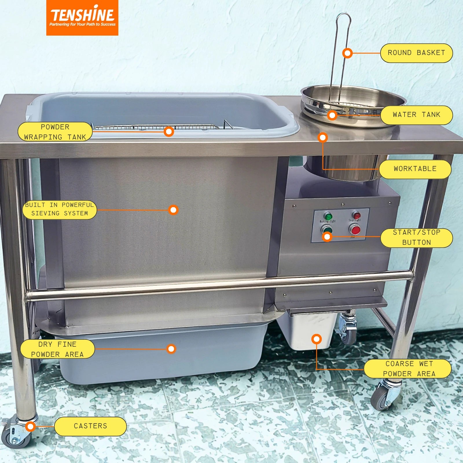 Mesa de empanizado eléctrica silenciosa ultradelgada con tamiz automático de harina para pollo frito BT-2P