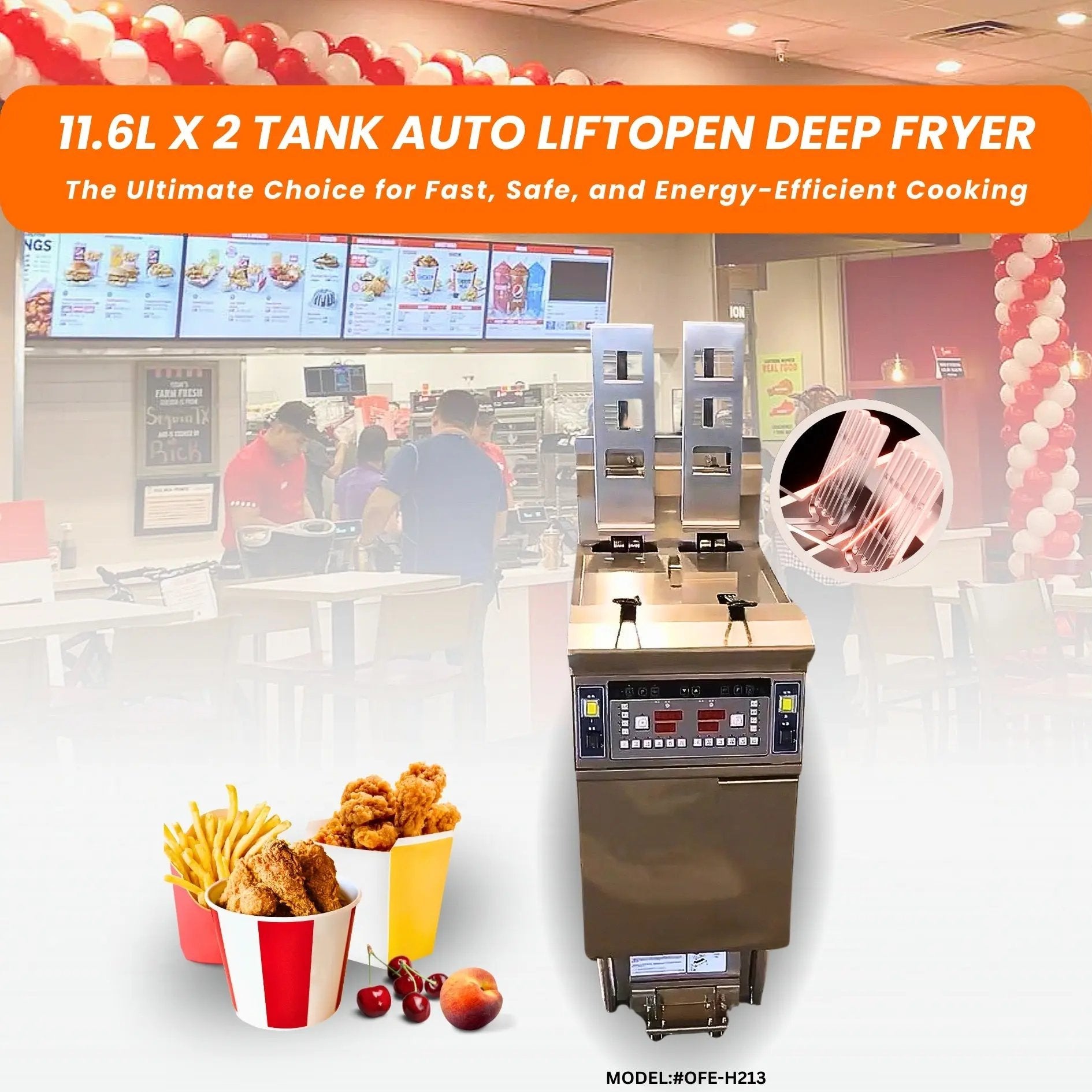 Auto Lift Dual Tank Split Pot Electric Deep Fryers with Oil Filtration System OFE - H213Dual Tank Open Deep Fryer