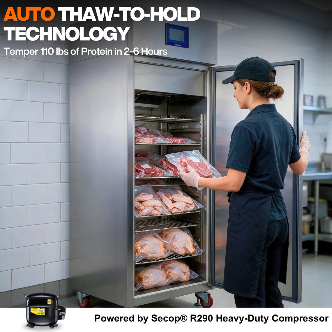 Prep cook loading frozen meat into the Tenshine commercial defrosting cabinet, featuring auto thaw-to-hold technology and a Secop R290 compressor.