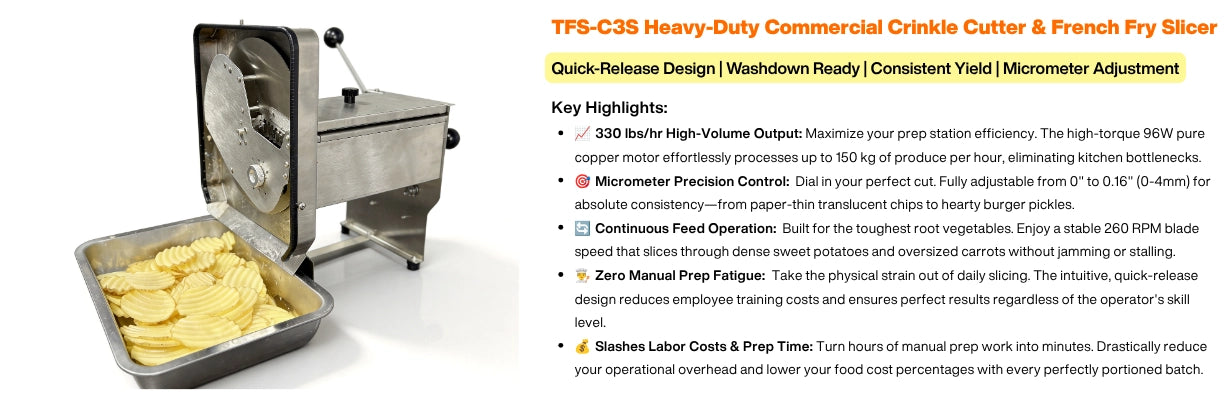 Key operational highlights of the automated crinkle slicer processing up to 330 lbs per hour with continuous feed.
