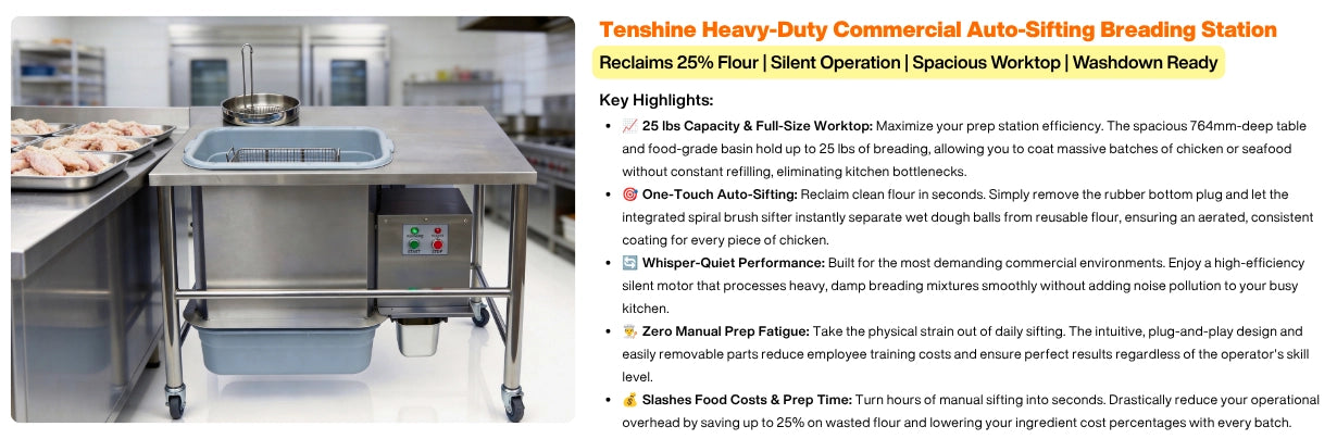 Key highlights of the Tenshine automatic breading machine, featuring a spacious 764mm worktop and one-touch auto-sifting.
