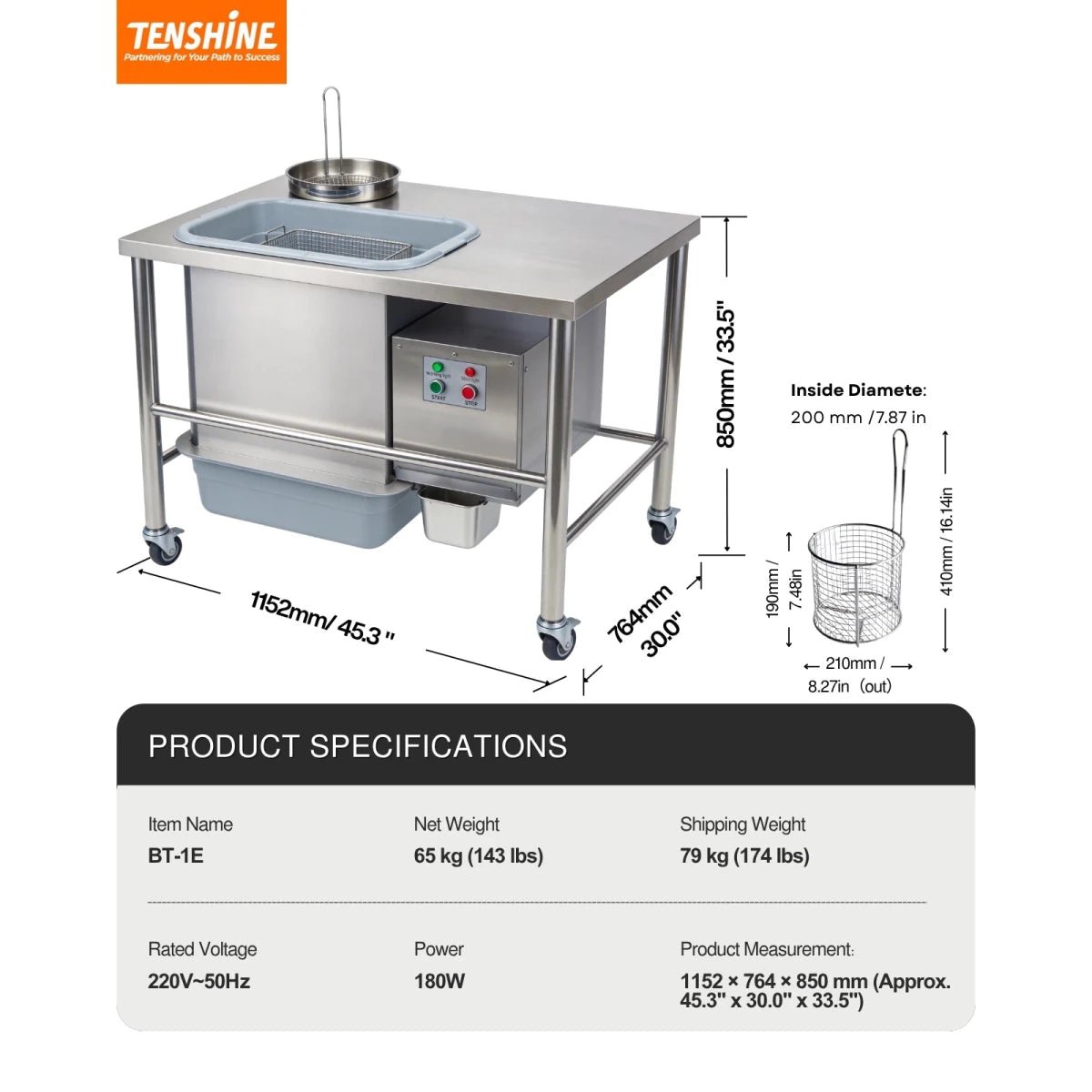 Full product specifications and dimensions for the Tenshine BT-1E automatic breading machine, including a large 1152x764mm prep worktable.