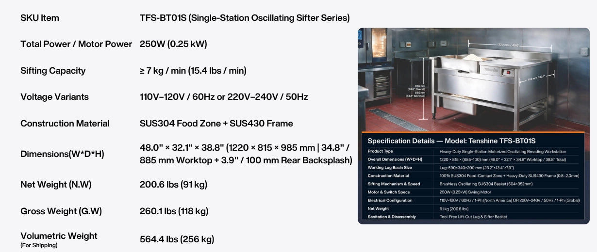 Tenshine TFS-BT01S Automatic Breading Machine and Industrial Flour Sifter Dimensions, Net Weight, and Shipping Specifications