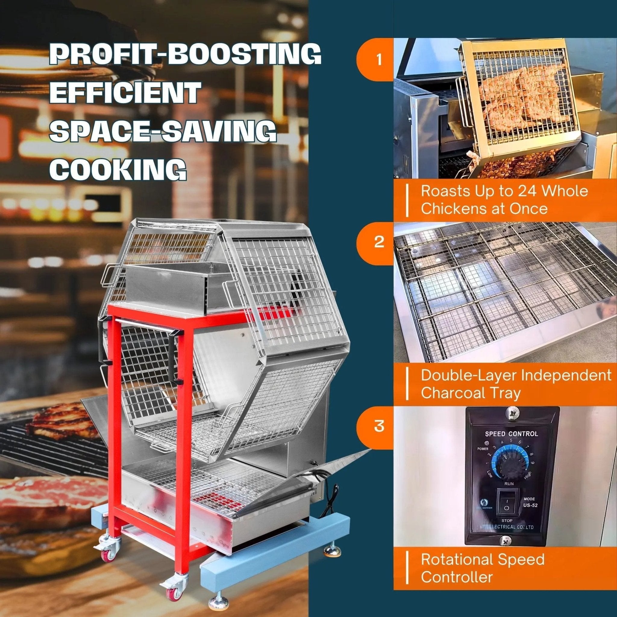 Automatic Charcoal Rotisserie Chicken Oven for Roasting 24 Butterfly Chickens TFS - 24CCharcoal Rotisserie Chicken Oven