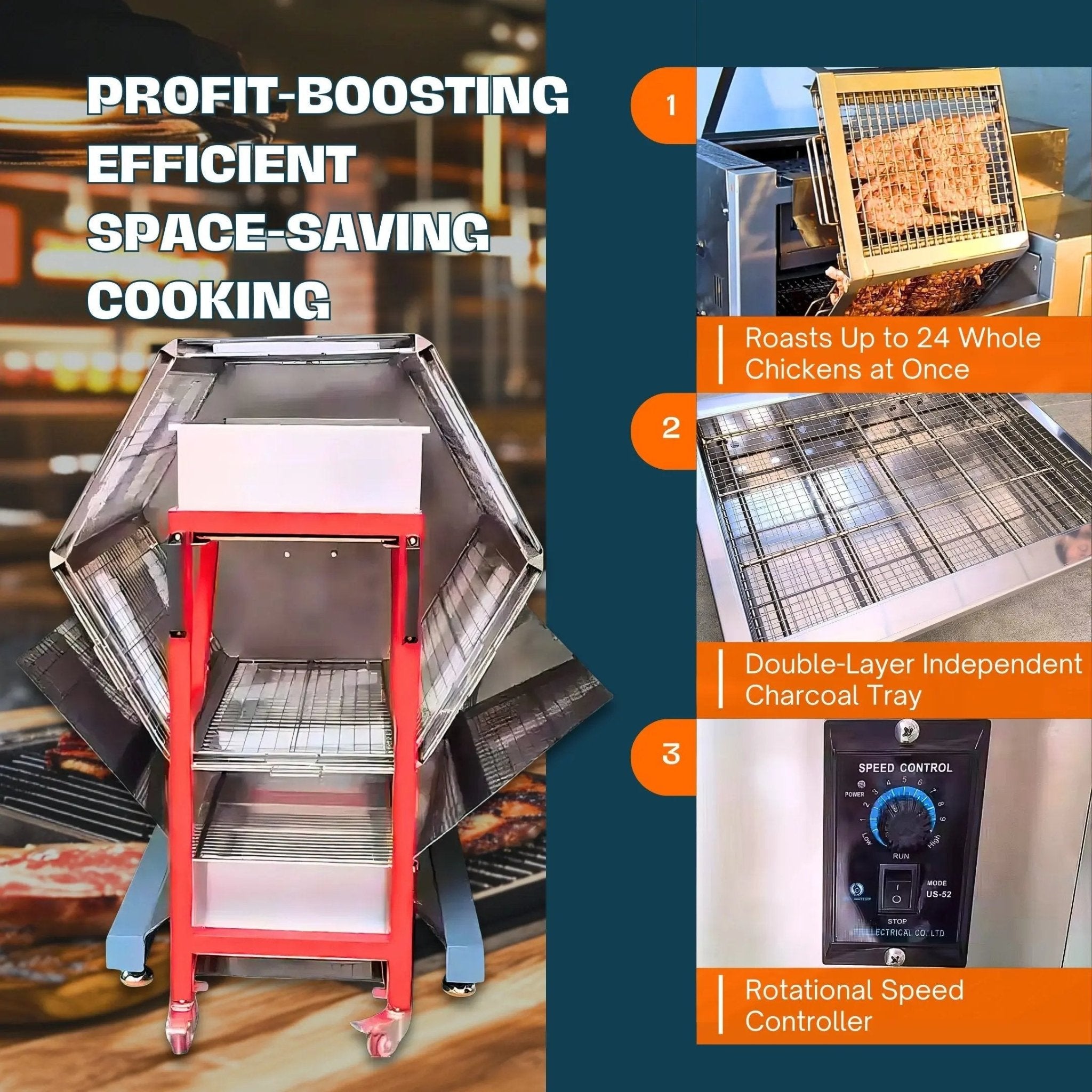 Automatic Charcoal Rotisserie Chicken Oven for Roasting 48 Butterfly Chickens TFS - 48CAutomatic Charcoal Rotisserie Chicken Oven