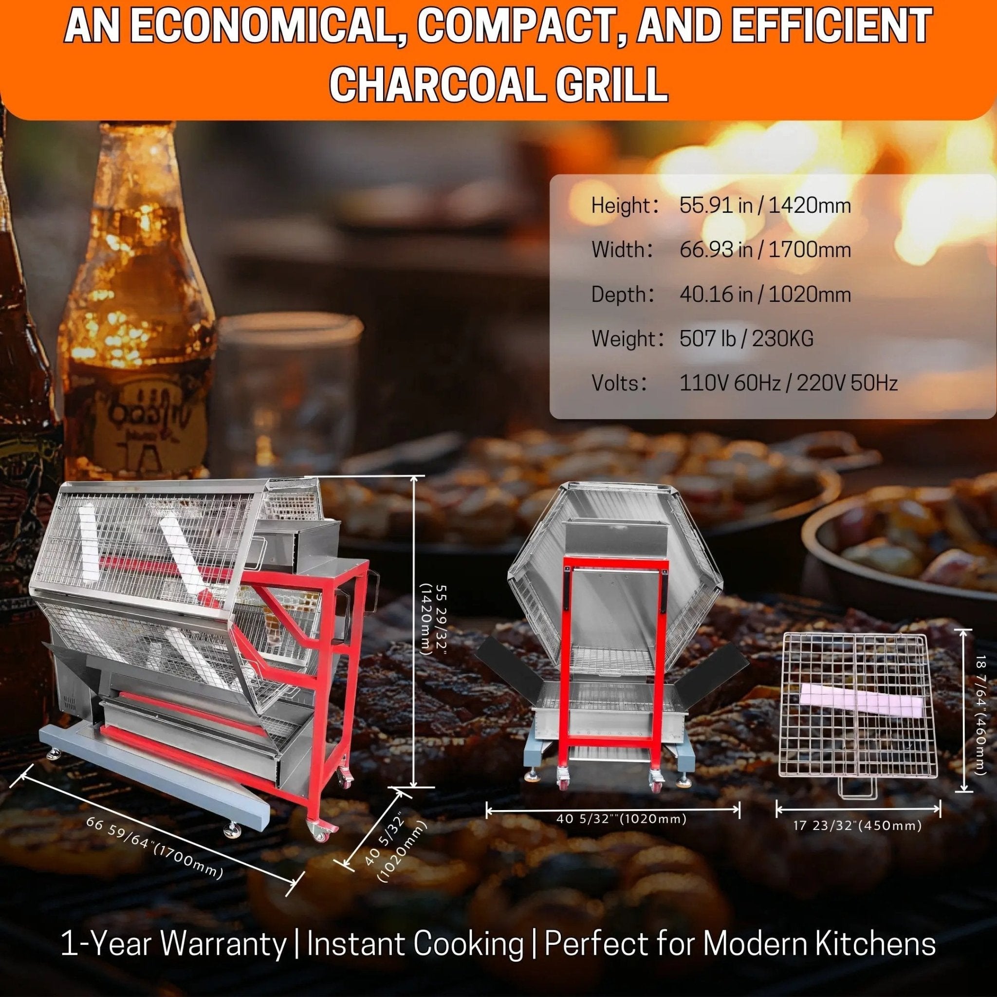 Automatic Charcoal Rotisserie Chicken Oven for Roasting 48 Butterfly Chickens TFS - 48CAutomatic Charcoal Rotisserie Chicken Oven