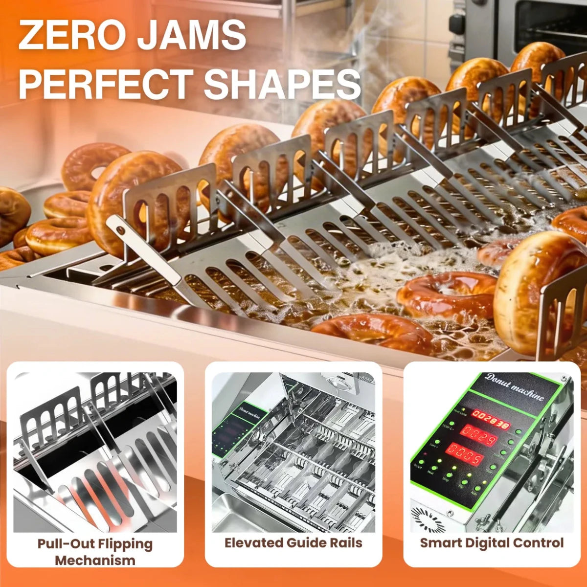Zero jam elevated guide rails and smart digital control on the 6-row commercial automatic donut making machine