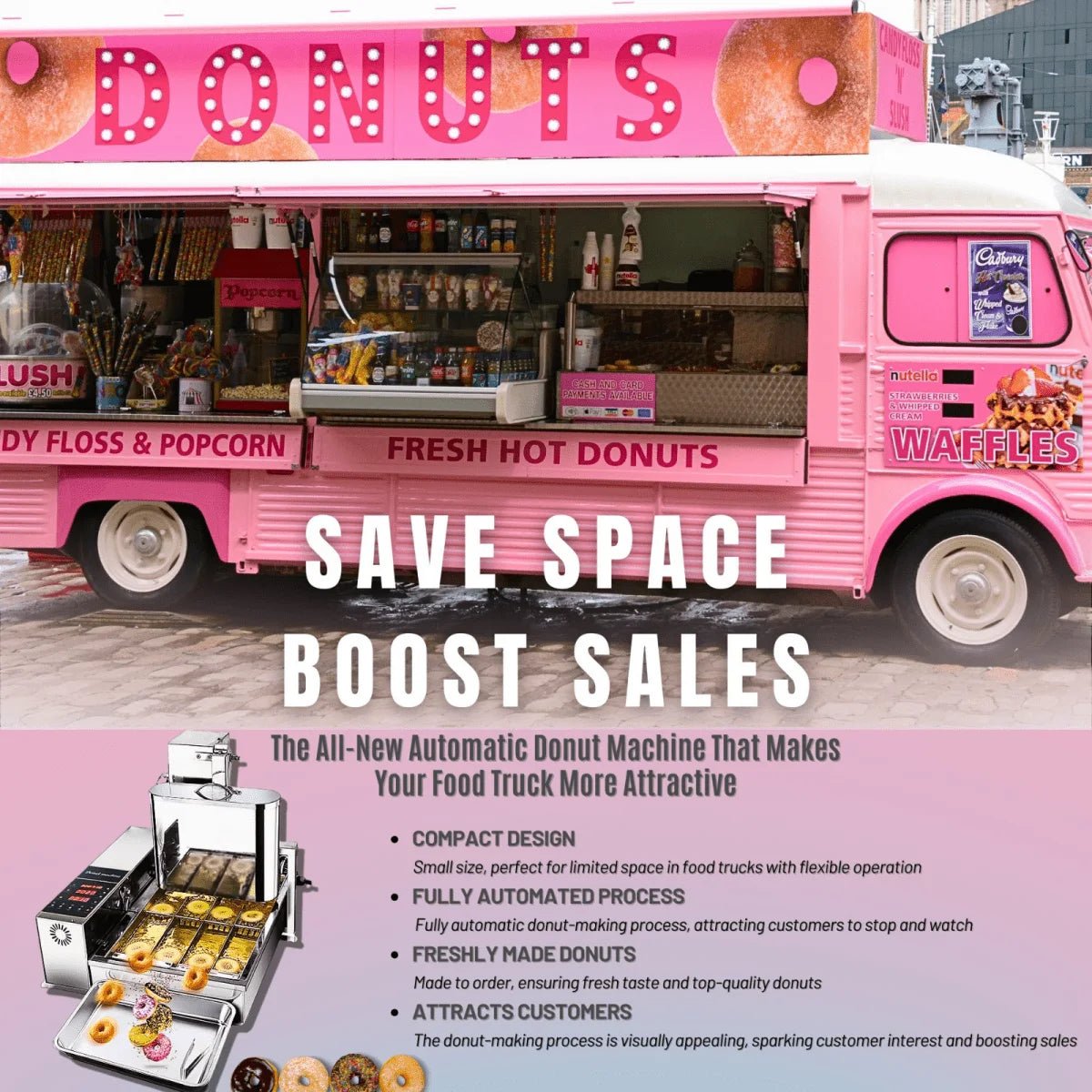 Tenshine automatic donut robot installed in a mobile food truck saving space and boosting sales