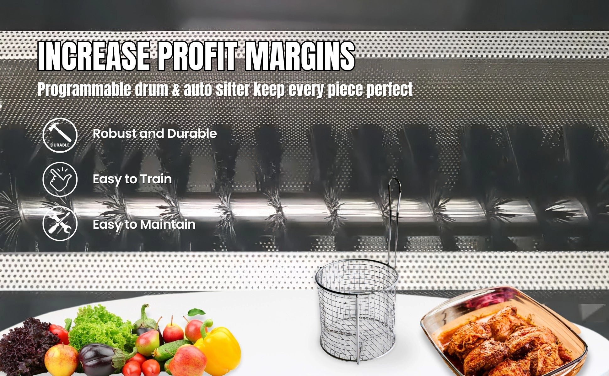 Inside view of the programmable drum and automatic flour sifter working to increase profit margins for QSRs through robust, durable, and easy-to-maintain engineering.